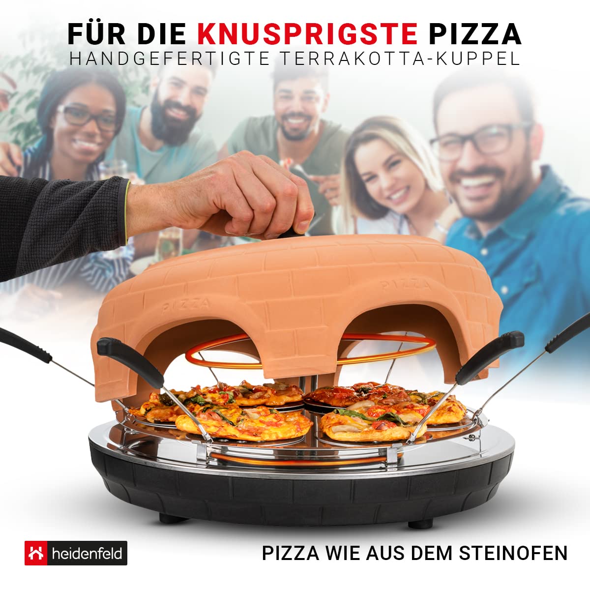 Heidenfeld Pizzaofen Pizzachef für 6 Personen | 1100 Watt bis 300°C - Backofen - Pizzaofen elektrisch - Pizza Ofen - Pizza Maker - Pizzamaker - Elektro Pizzaofen Raclette - Elektrischer Pizza-Ofen