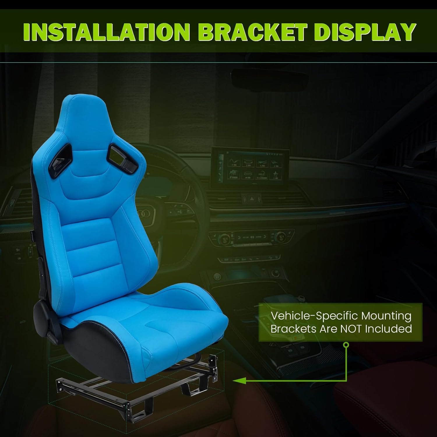 Universal Pairs of Racing Seat with Dual Sliders, PU Leather Front+Carbon Leather Back Reclinable Bucket Seat, Light Blue