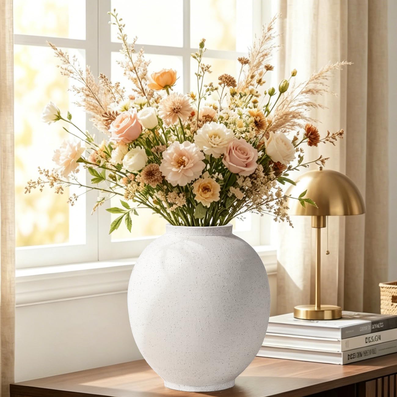Heifgott Grande vaso in ceramica bianca, 25 cm, rustico per la decorazione della casa, vasi alti minimalisti per soggiorno, tavolo, bagno, vacanze e matrimoni (bianco arenaria)