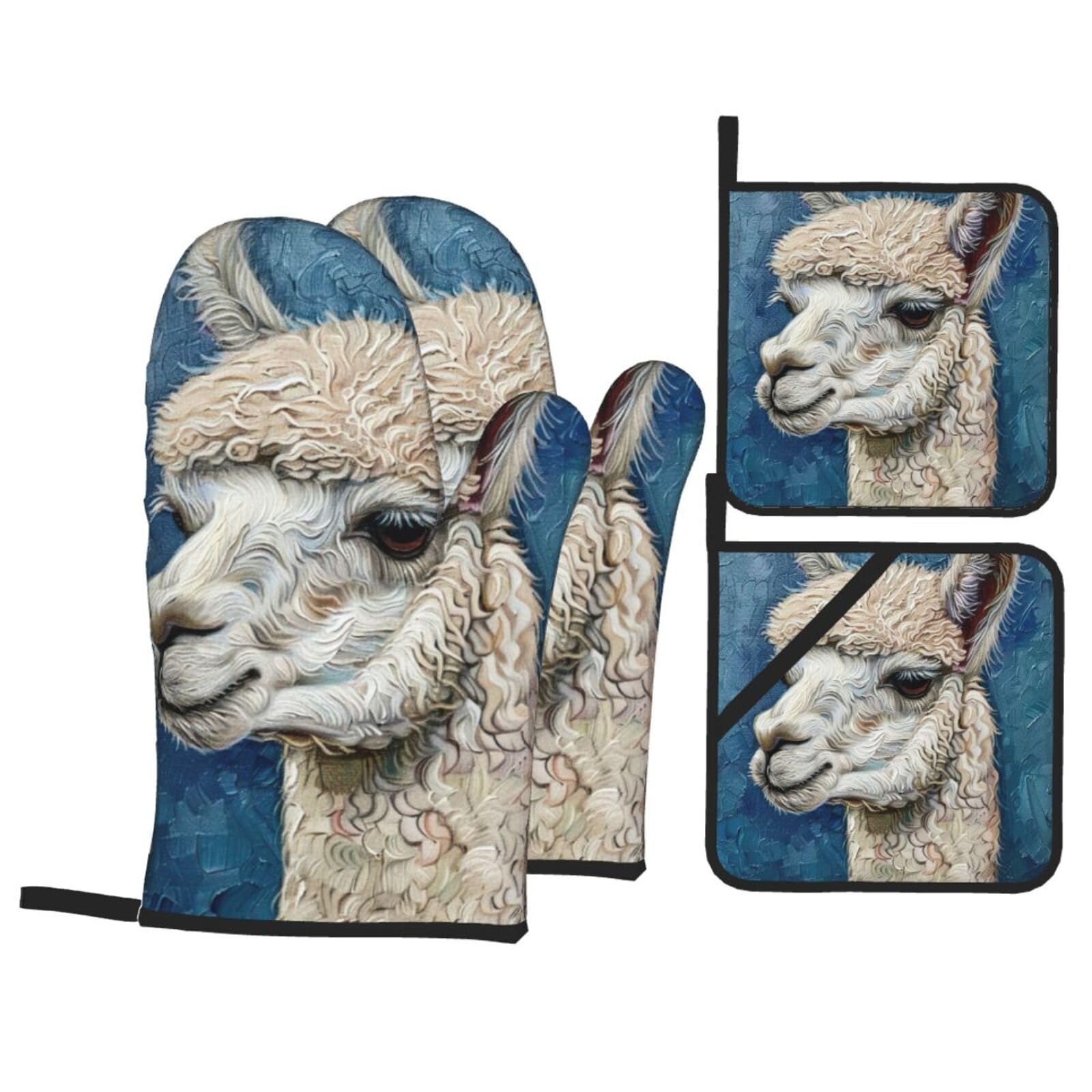 Alpaca Llama Print 4-Piece Oven Microwaving Set Kitchen Gloves for Holiday Cooking Baking Grilling