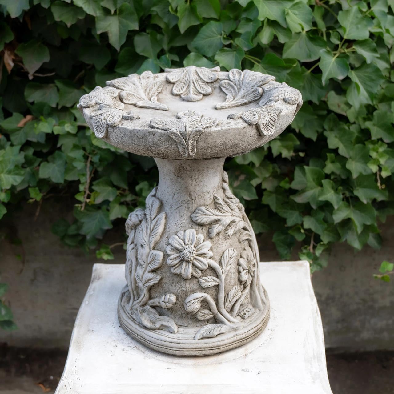 Discount Garden Statues Grey Stone Dgs Statues - English Oak Design Stone Cast Bird Bath Bird Feeder, 50Cm
