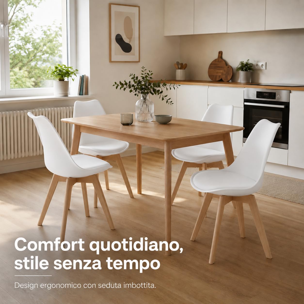 EGGREE Set di 4 Pranzo Ufficio Sedia con Gambe in Faggio Massiccio Sedie Senza Braccia Imbottita di Design per il Massimo Comfort Bianco