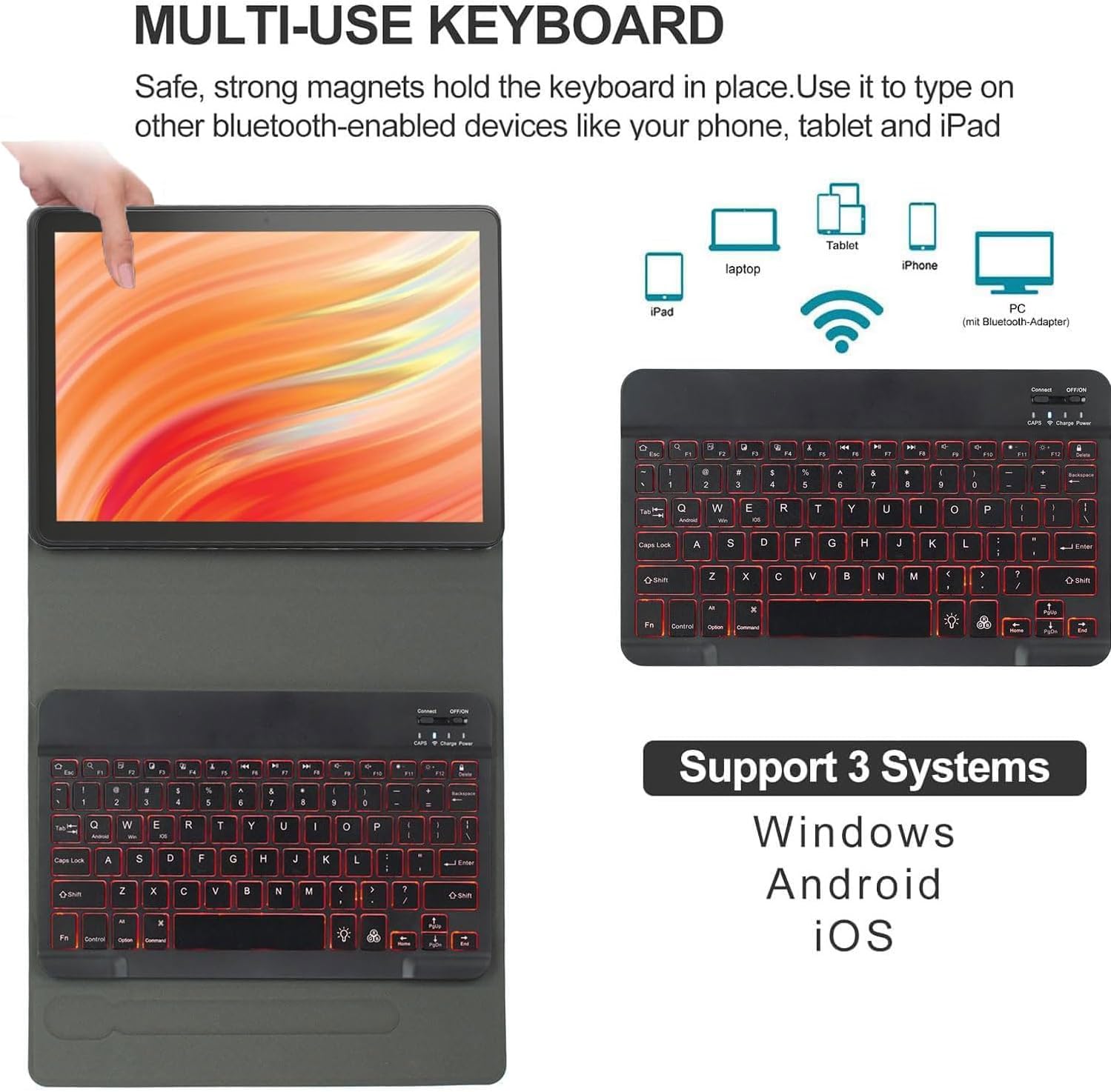 Keyboard Case for Amazon Fire HD 10/10 Plus 10.1 Inch 2021/2023 (11th/13th Gen), Detachable Wireless Bluetooth 7-Color Backlit Keyboard, Ultra-Thin Multi-Angle Stand Case with Mouse