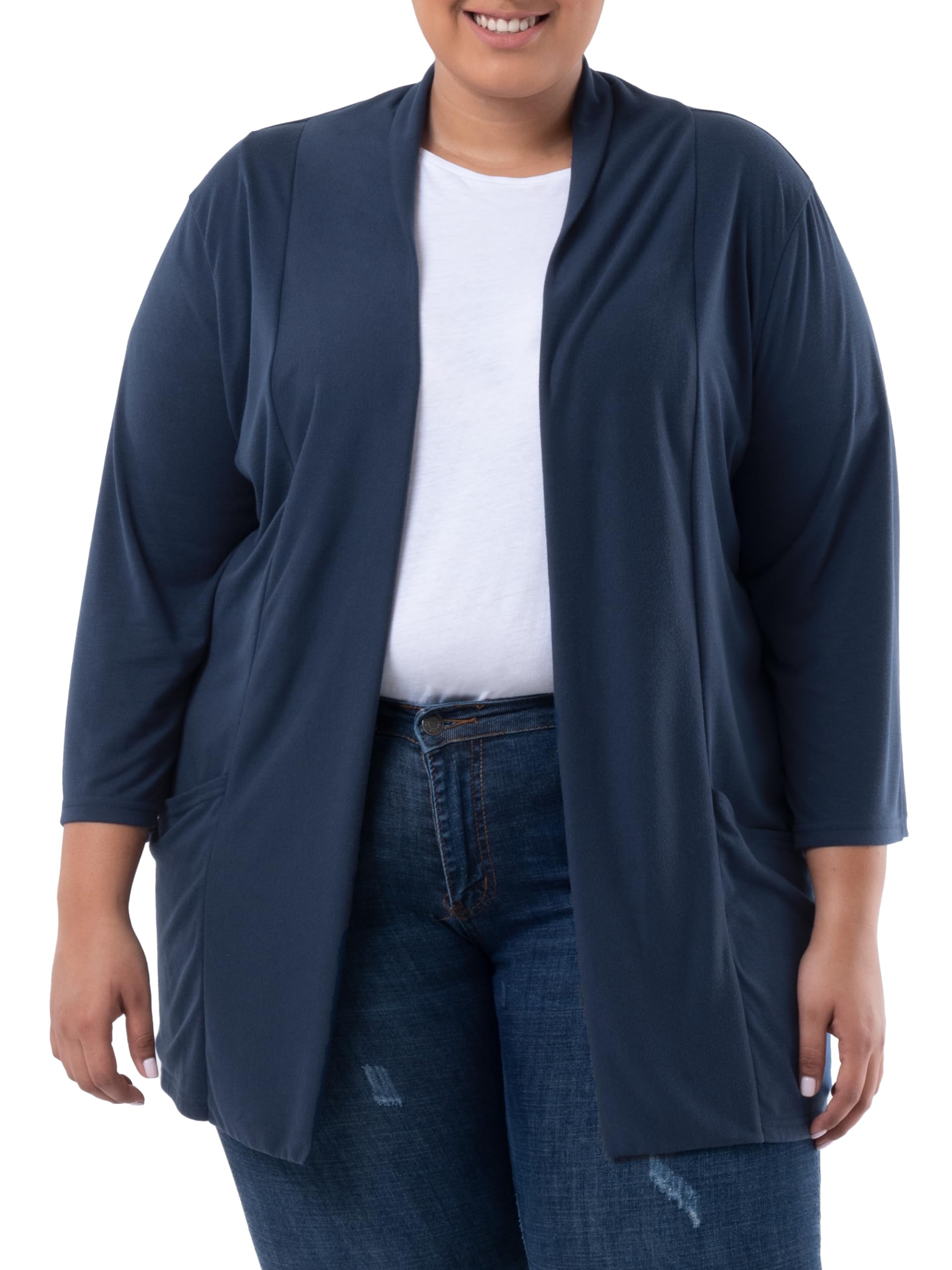Wright's womens Plus Size 3/4" Sleeve Draped Open Front Jersey Pocket Cardigan