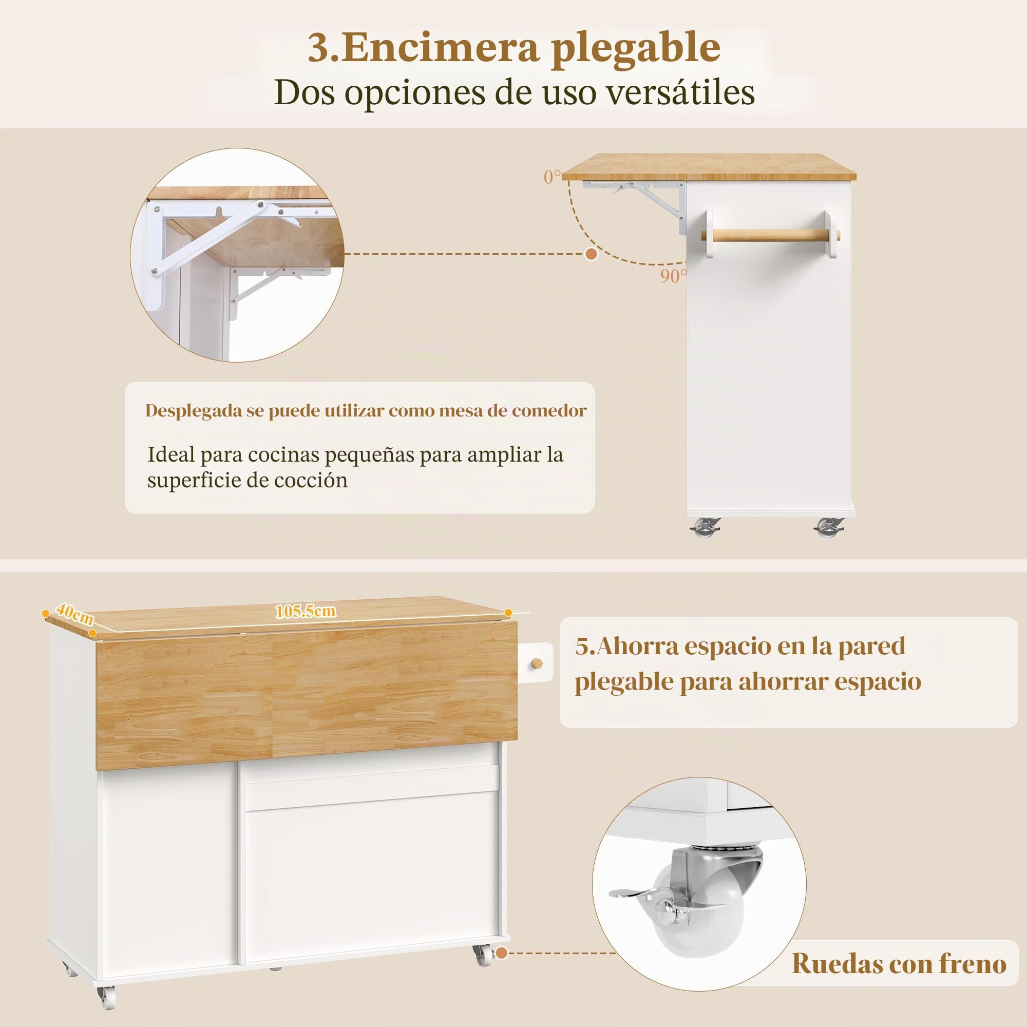 HOCSOK Isla de cocina, carro de cocina con 5 ruedas, armario de cocina con superficie de trabajo abatible y cajones, isla de cocina independiente, carro de bar para cocina y comedor, Blanco