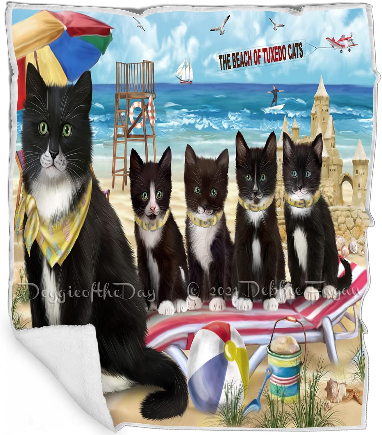 Pet Friendly Beach Tuxedo Cats Blanket - Lightweight Super Soft Cozy and Durable Bed Blanket - Animal Theme Fuzzy Blanket for Sofa Bed Couch BLNKT55111 (50x60 Sherpa)