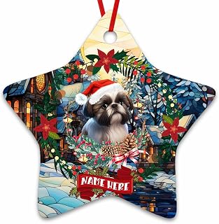 Dinoz Merry Christmas Shih Tzu Dog Ornamet, Santa Hat Dog Xmas Glass Customized Name Star Ornament Keepsake Gifts Both Sides Print for House Decorations