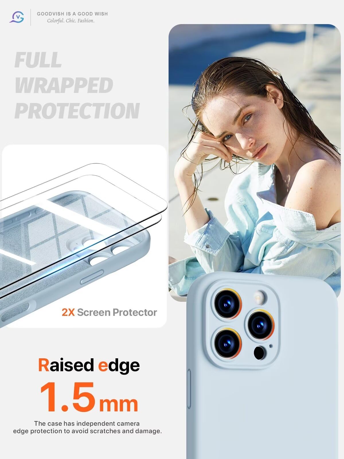 GOODVISH 3 in 1 Silicone Cover per iPhone 16 Pro 6.3", Custodia con 2 Pellicola Vetro Temperato [Protezione Fotocamera] 360° Protezione Anticaduta Case per Cellulare Antiurto Resistente, Cielo Blu