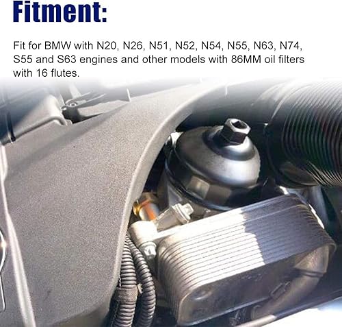 Miniatura 6 de RULLINE - Llave de filtro de aceite de 16 flautas de 3.386 in, color negro, aluminio, compatible con motores BMW