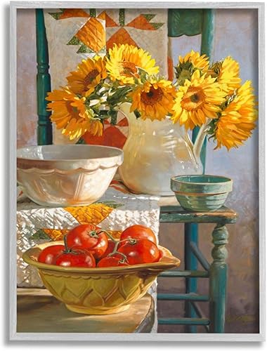 Stupell Industries Otoño girasol cosecha silla de campo naturaleza muerta Heide Presse gris arte de pared enmarcado 11 x 14 pulgadas