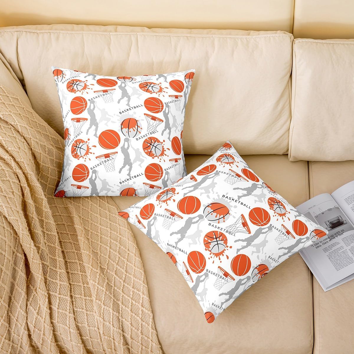 Homewish Basketball Throw Pillow Covers (Pack of 2),Basketball Player Cushion Cover for Kids Girls Teens Sports Gaming Pillow Cases Modern Orange Grey Living Room Sofa Bed Decor,18" Lx18 W image 2