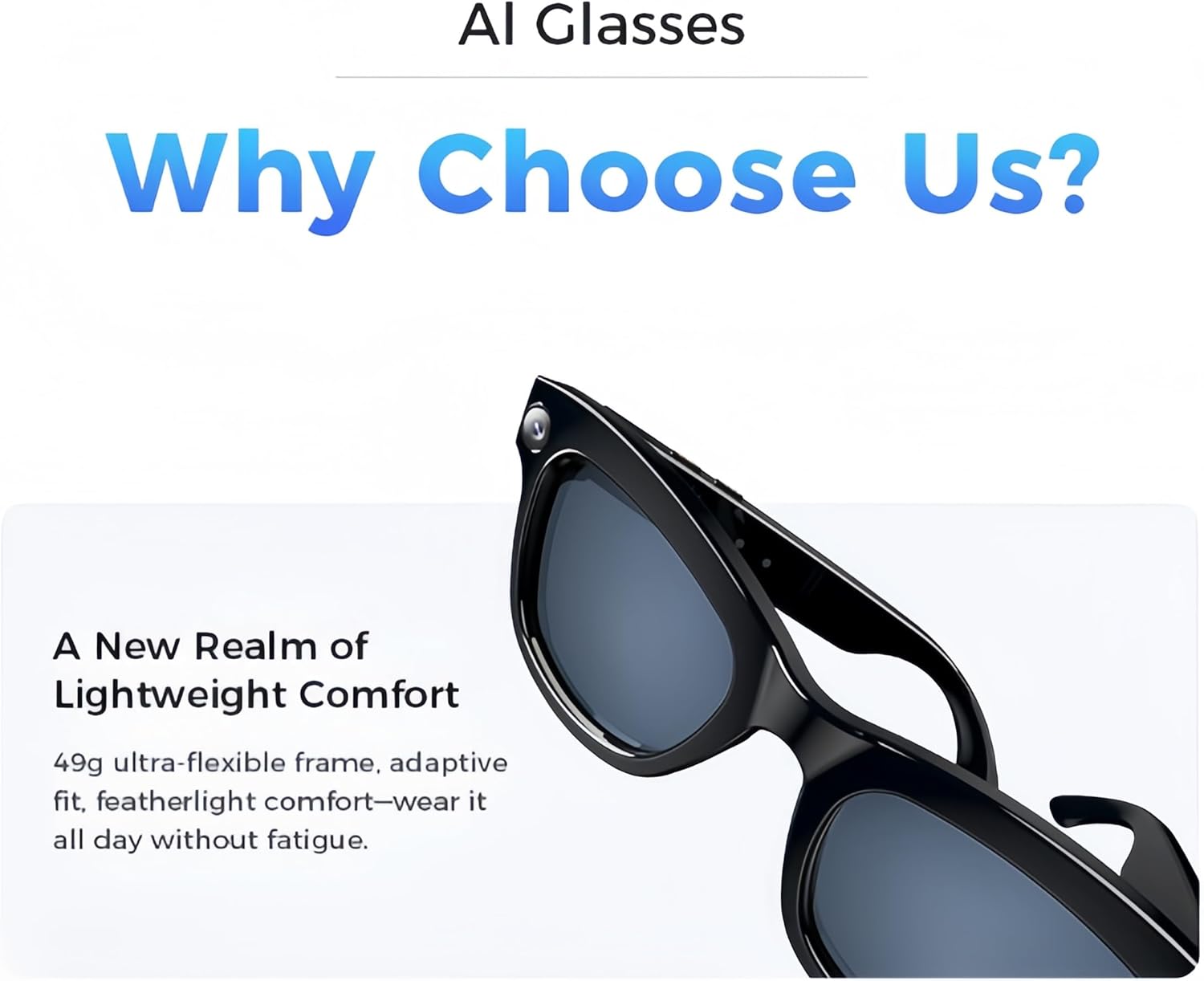 AI Smart Glasses with 8MP HD Camera –Continuous 1200P Video Recording， Real-Time Voice Translation (100+ Languages), AI Object Recognition & Q&A, Open-Ear Bluetooth Music, Travel and Sports