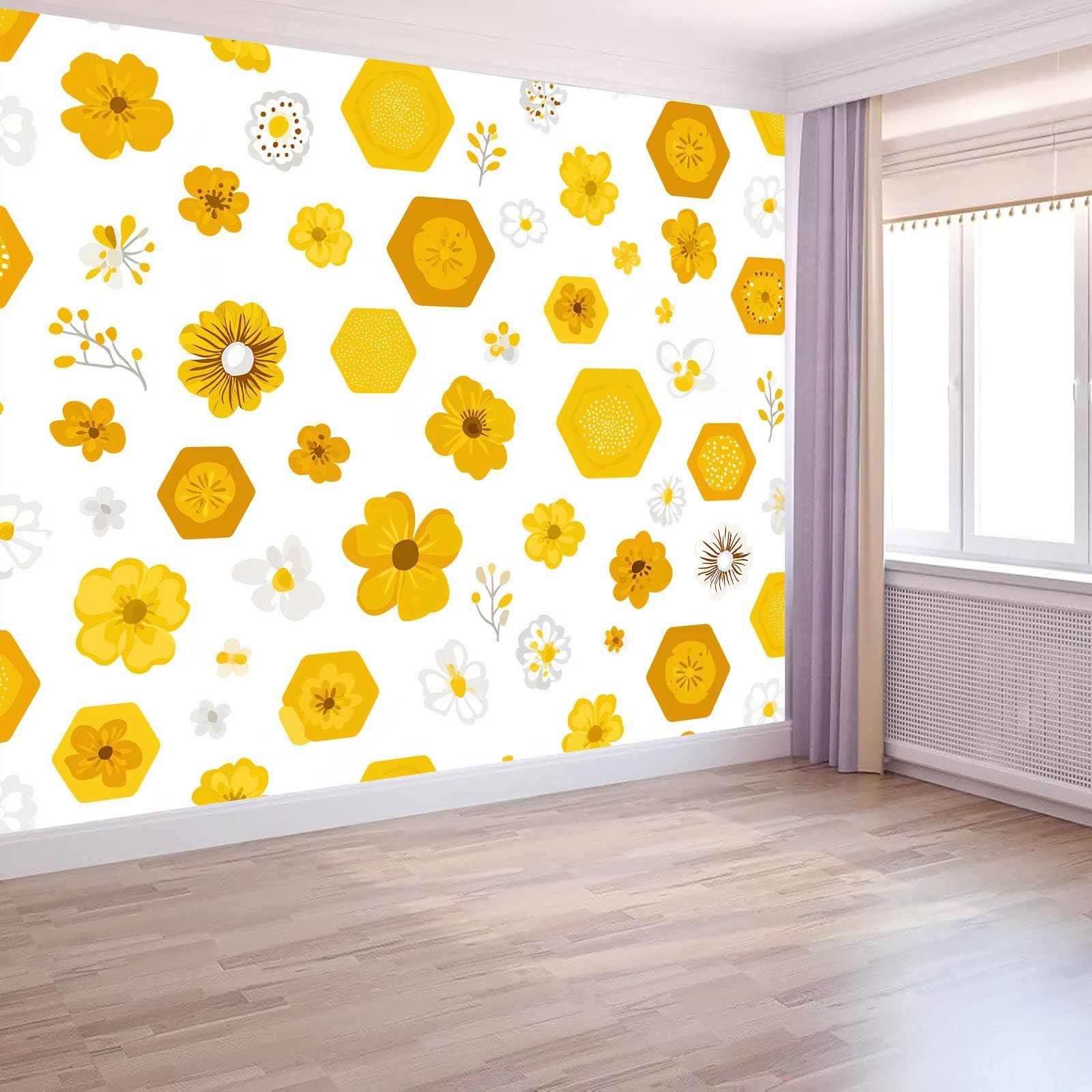 Générique Panoramiczna tapeta Cartoon Flowers Sześciokąty Liście trawy 350 x 256 cm Wysokiej jakości gobelin ścienny z włókniny - dekoracja ścienna, do pokoju dziecięcego i biura biała