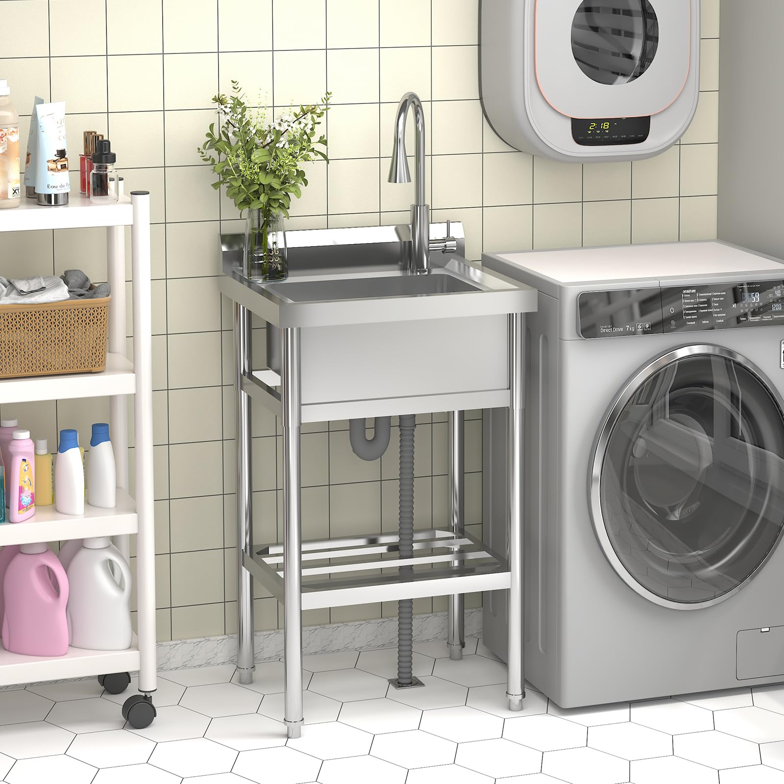 Ultra-Robuster Spültisch aus Edelstahl,48" Großes Einzelbecken mit Brause & Kalt Warmwasseranschluss, Frei stehender Waschtisch für Profibereich (61 * 51 * 105cm)