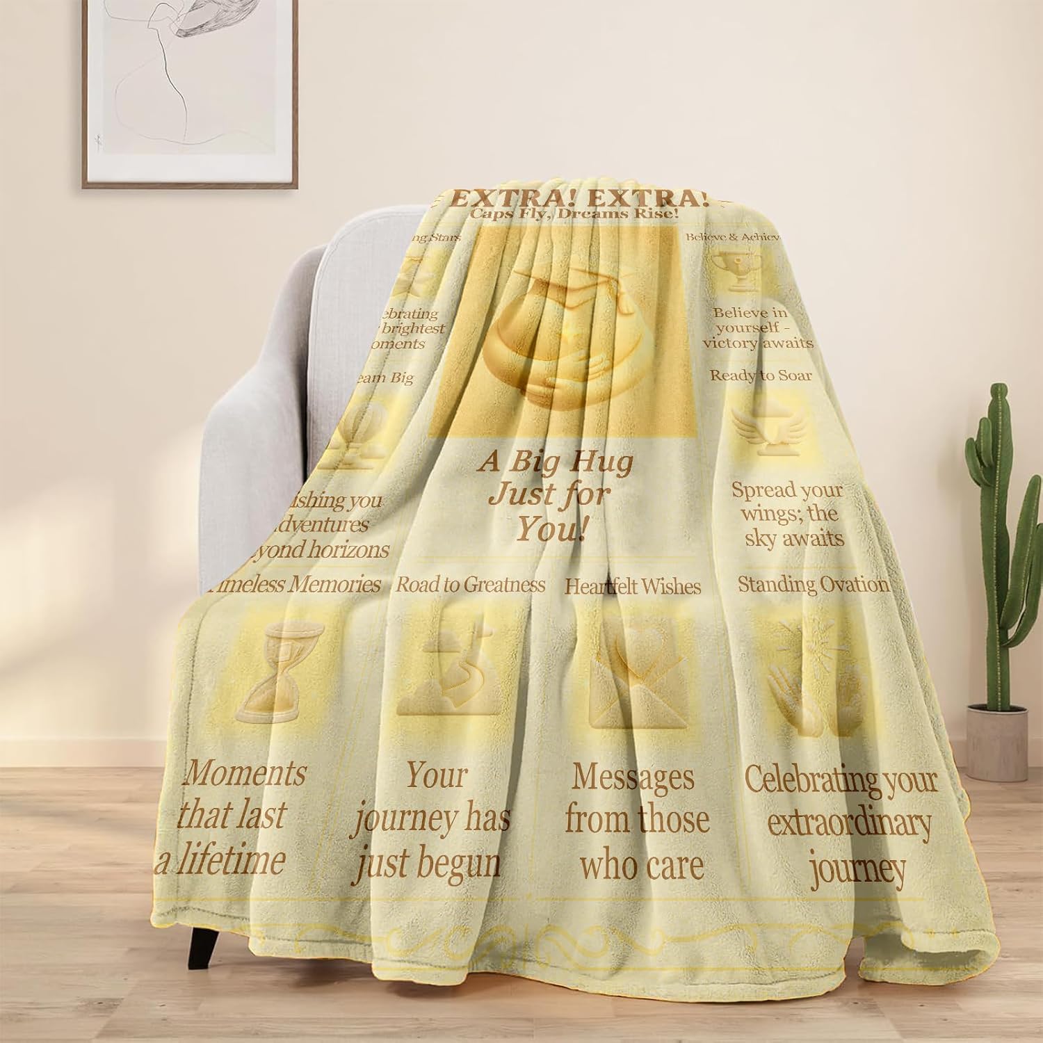 Graduation Blanket, 60x50 Soft Flannel Throw, Newspaper-Style Keepsake Gift for Her or Him, Retro Newsprint Aesthetic, Dorm Send-Off, Beige-Gold Inspirational Quotes - Image 2
