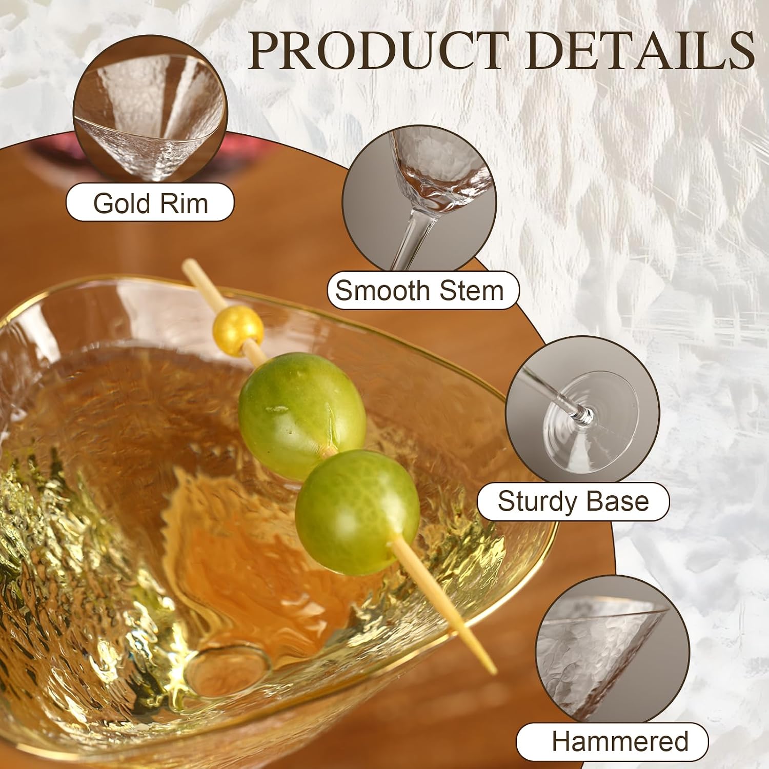 Gold Rim Martini Glasses Set of 4,Triangular Hammered Coupe Glasses with Stem,9 oz Elegant Barware for Martinis,Cocktails,Champagne,Martini Glasses for Wedding Valentine's Day Party Wine Lover Gifts