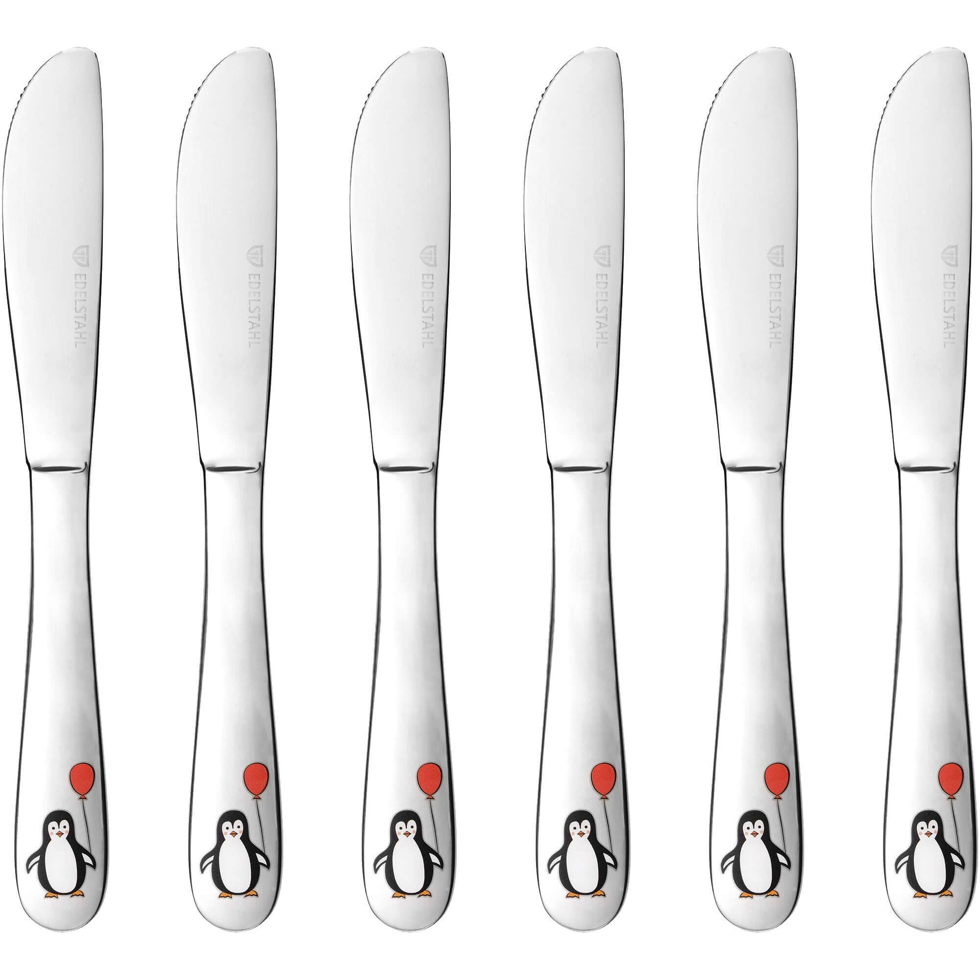 GRÄWE Kindermesser 17 cm, 6-teilig, Kinderbesteck Set, Edelstahl Besteckset, Messer für Kinder, für Mädchen, für Jungen, Motiv Pinguin