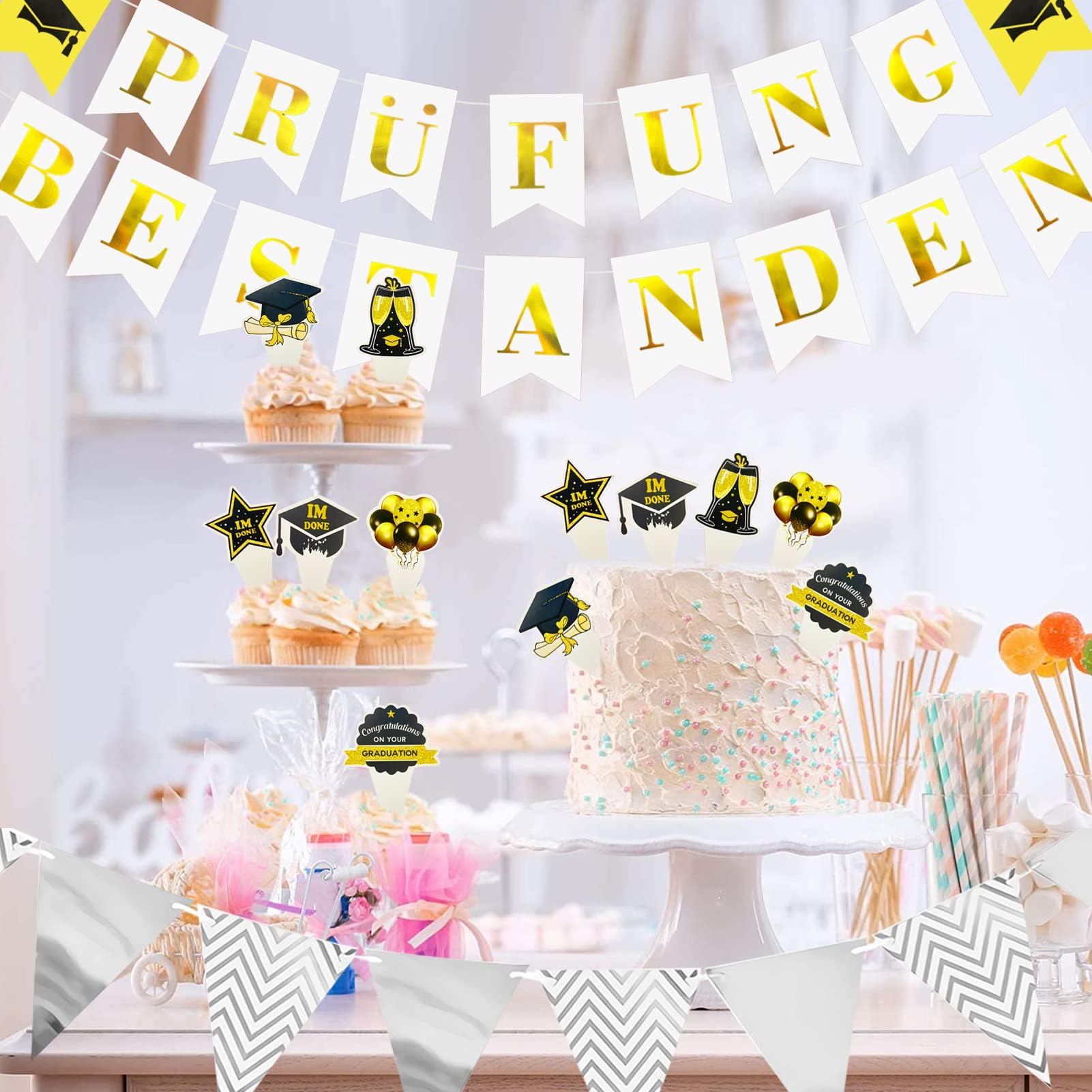 Prüfung Bestanden Deko-Set – Banner, Girlande, Schärpe & 20 Ballons | Abschlussfeier Partyzubehör | Abi & Studium