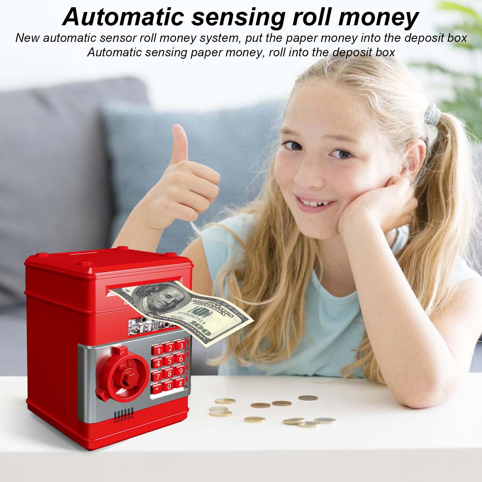 Spardose Für Kinder, ATM Sparschwein, Digitale Spardose Mit Passwort, Geldsparbox Mit Passwort Code Lock & Auto Money Scroll, ATM Sparschwein Kinder Für Münzen Scheine Geschenk (Rot)