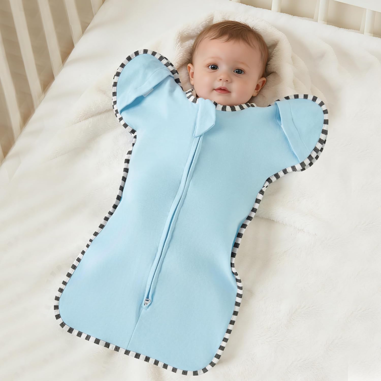 Soft Cotton Swaddle Blanket, Arms Up Baby Sleep Transitional Swaddle Sack Wearable Sleeping Bag for Boy Girl (Blue + Dark Blue, M(3-6 Months))