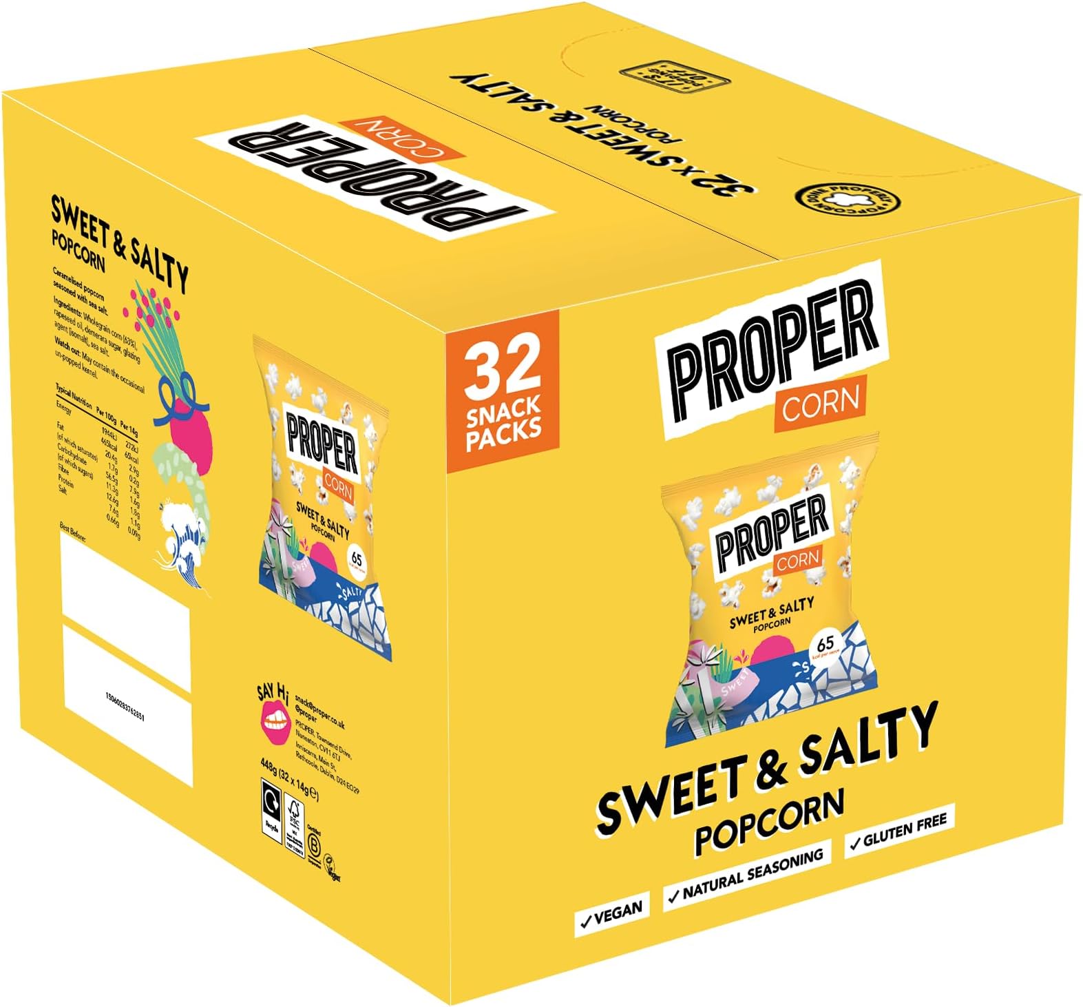 Sweet & Salty Popcorn, Natural Sea Salt and Demerara Sugar Seasoning, Vegetarian, Gluten-Free, Hand-Popped Corn, 65 kcal, 14g, Box of 32