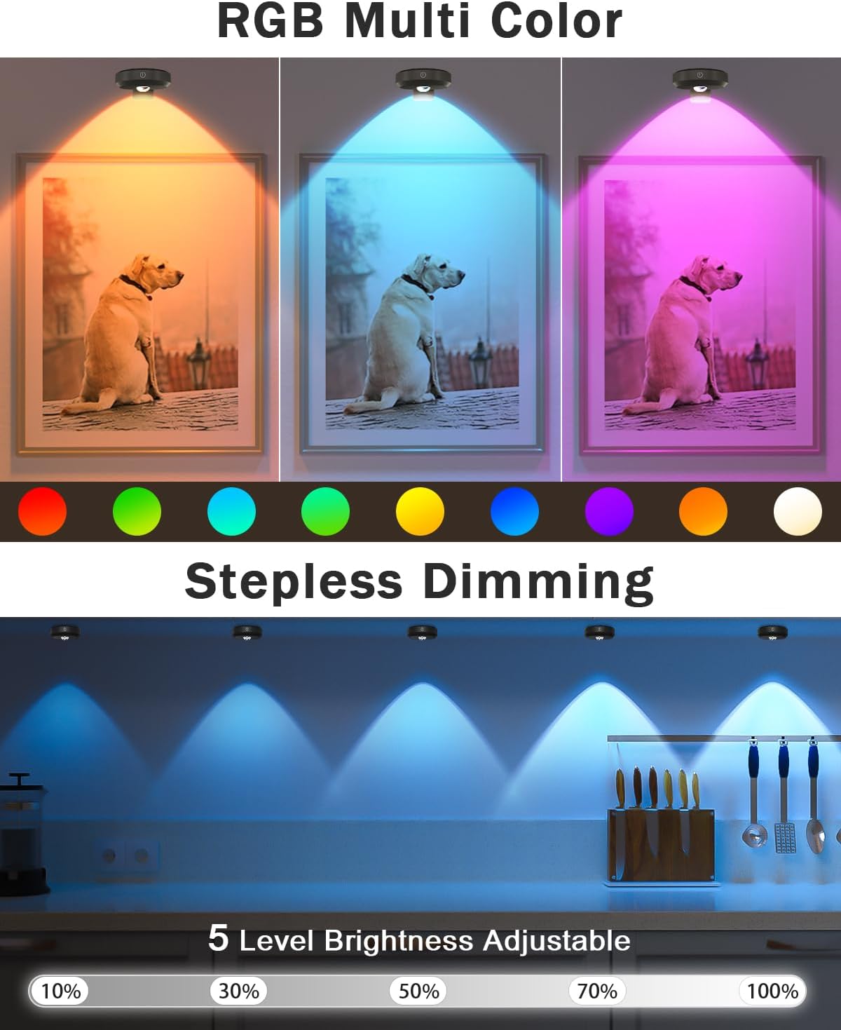 WILLED Picture Lights, 1200mAh Rechargeable Battery Operated Picture Lights, Puck Lights with Remote, 9 RGB Colors, Dimmable&Timer, Gallery Lights, Art Display Lighting for Paintings Wireless/3 Pack