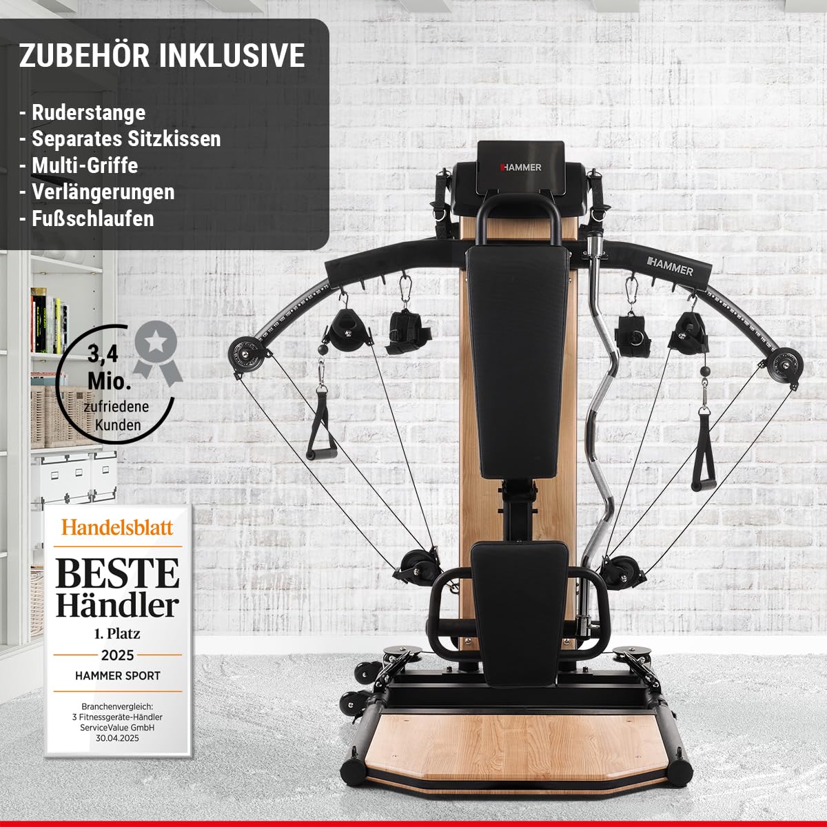 HAMMER Kraftstation BioForce MX NorsK - Fitnessstation für Zuhause, Bauchtrainer, Latzug, TNT-Widerstandstechnologie, Fitness Tower mit 125 kg Zuggewicht, über 80 Übungen, Platzsparend