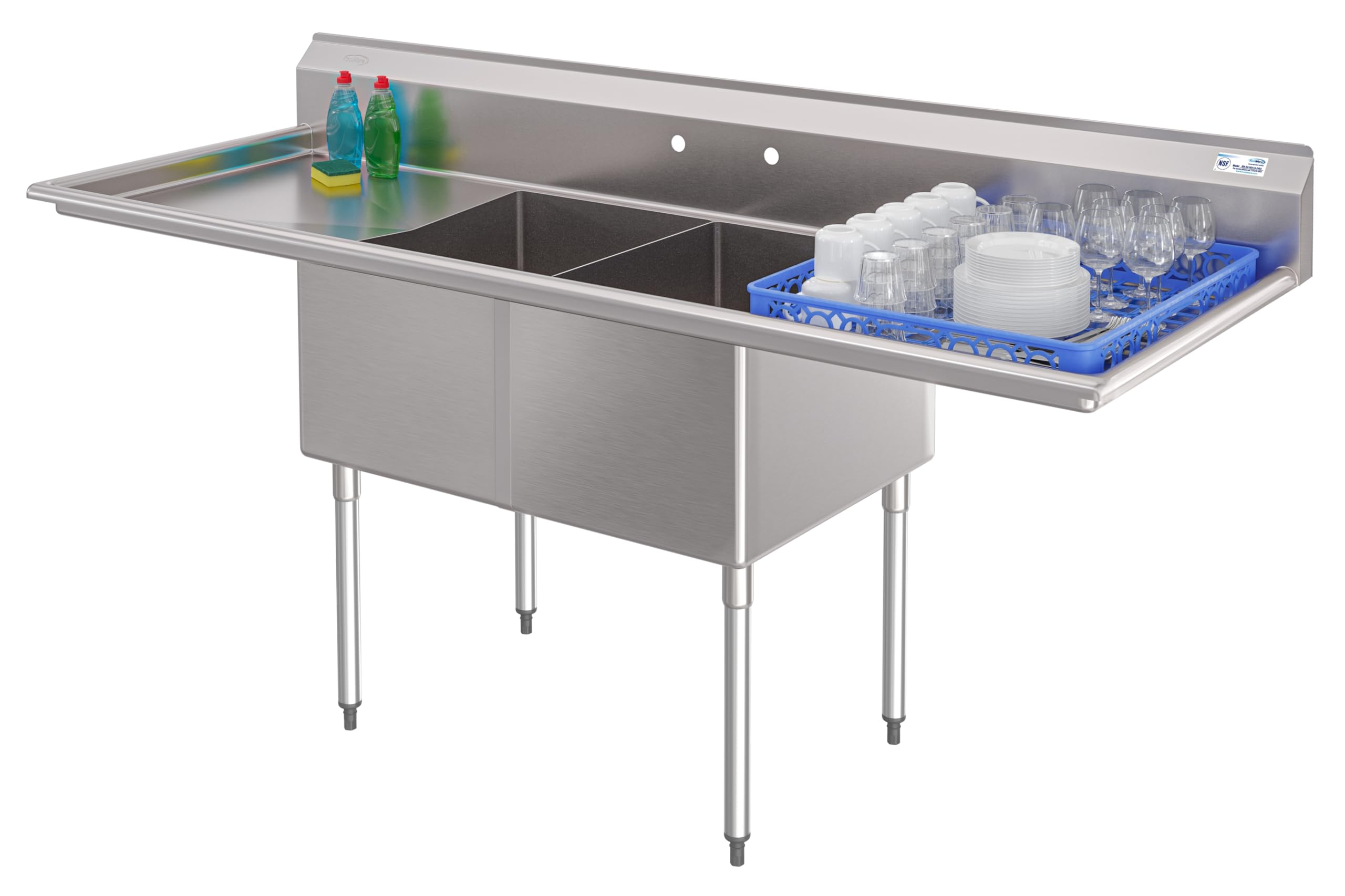 KoolMore 84 in. 18-Gauge 2-Compartment Commercial Sink with Backsplash and 24 in. Dual Drainboards, Bowl dimensions 18"x24"x14" in Stainless-Steel (KM-SB182414-24B3)