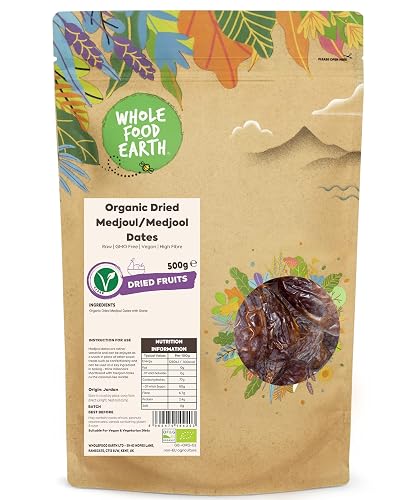 Wholefood Earth Organic Dried Medjoul/Medjool Dates – 500 g | Raw | GMO Free | Vegan | High Fibre | Certified Organic - 500 g (Pack of 1)