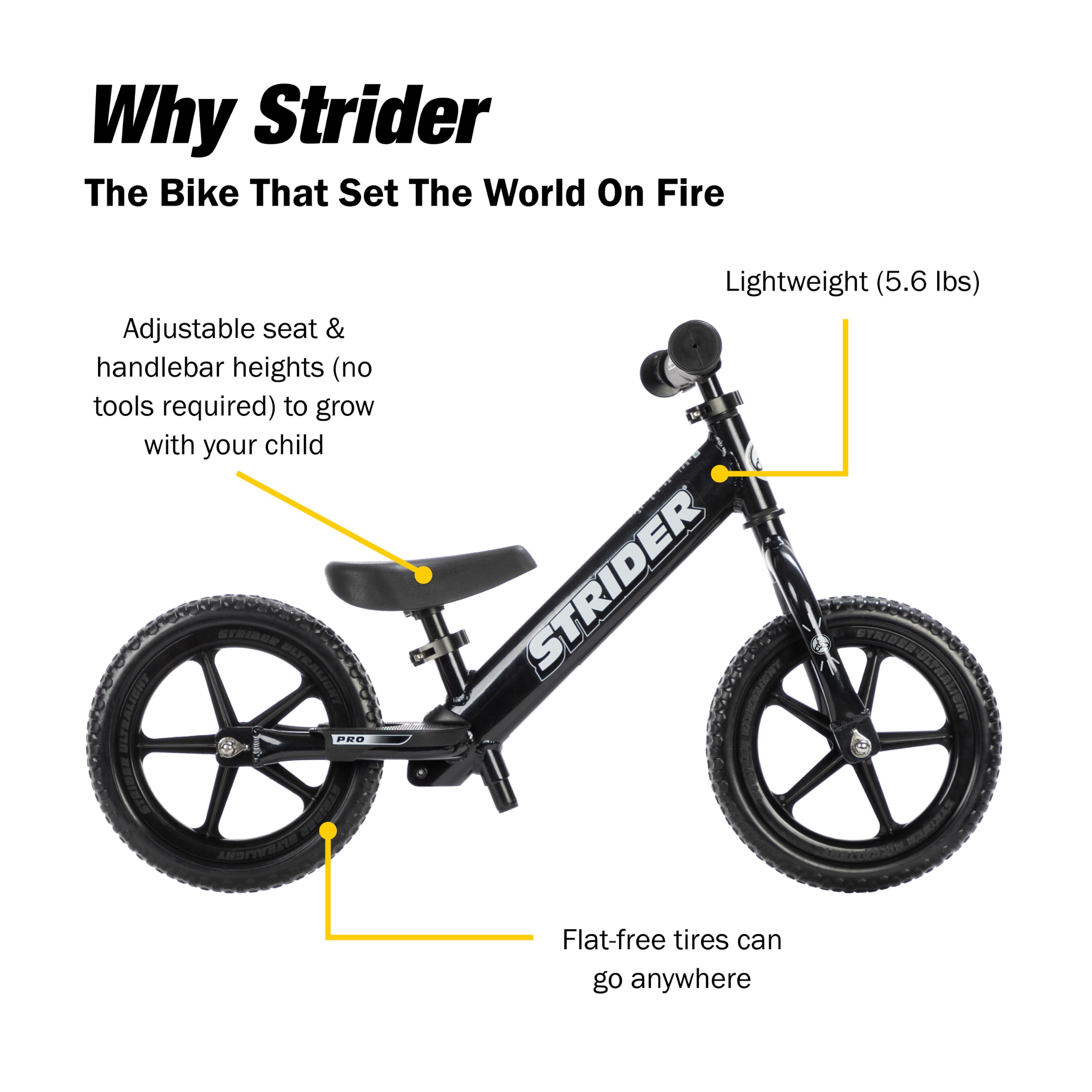 Strider 12 Pro Aluminum Balance Bike for Kids Aged 15 Years Black Pearl | No-Pedal Pro Balance Bike Ultralight Aluminum Frame Adjustable Seat Never-Flat Foam Rubber Tires Easy Assembly product thumbnail 6