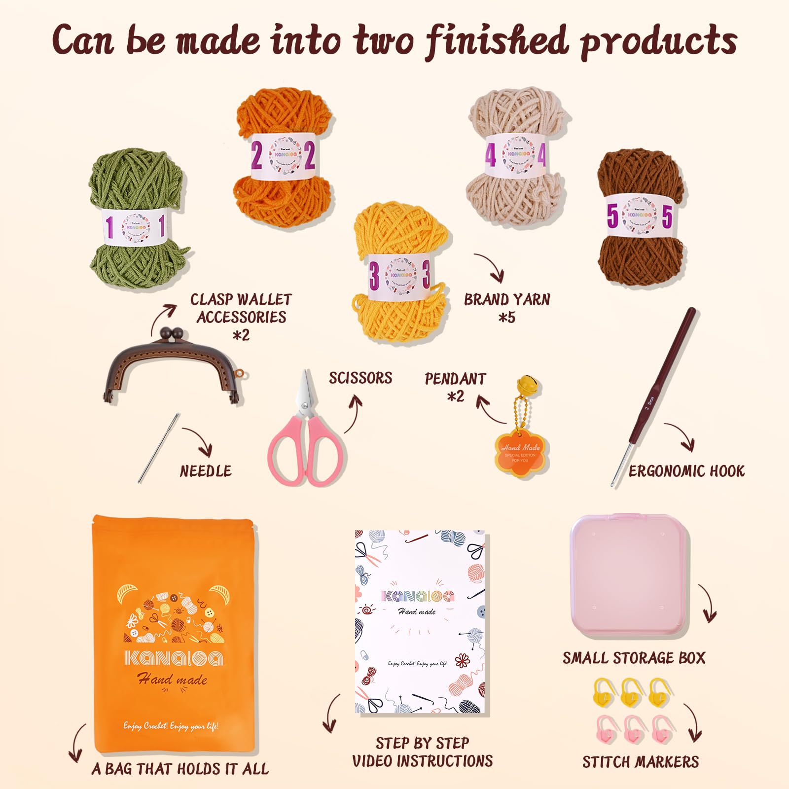 KANALOA Kits de ganchillo para principiantes, juego de punto hecho a mano con hilo, ganchos, tutoriales en video, bonitos regalos para adultos, mujeres, mini cartera vintage Kisslock monedero bolsa de