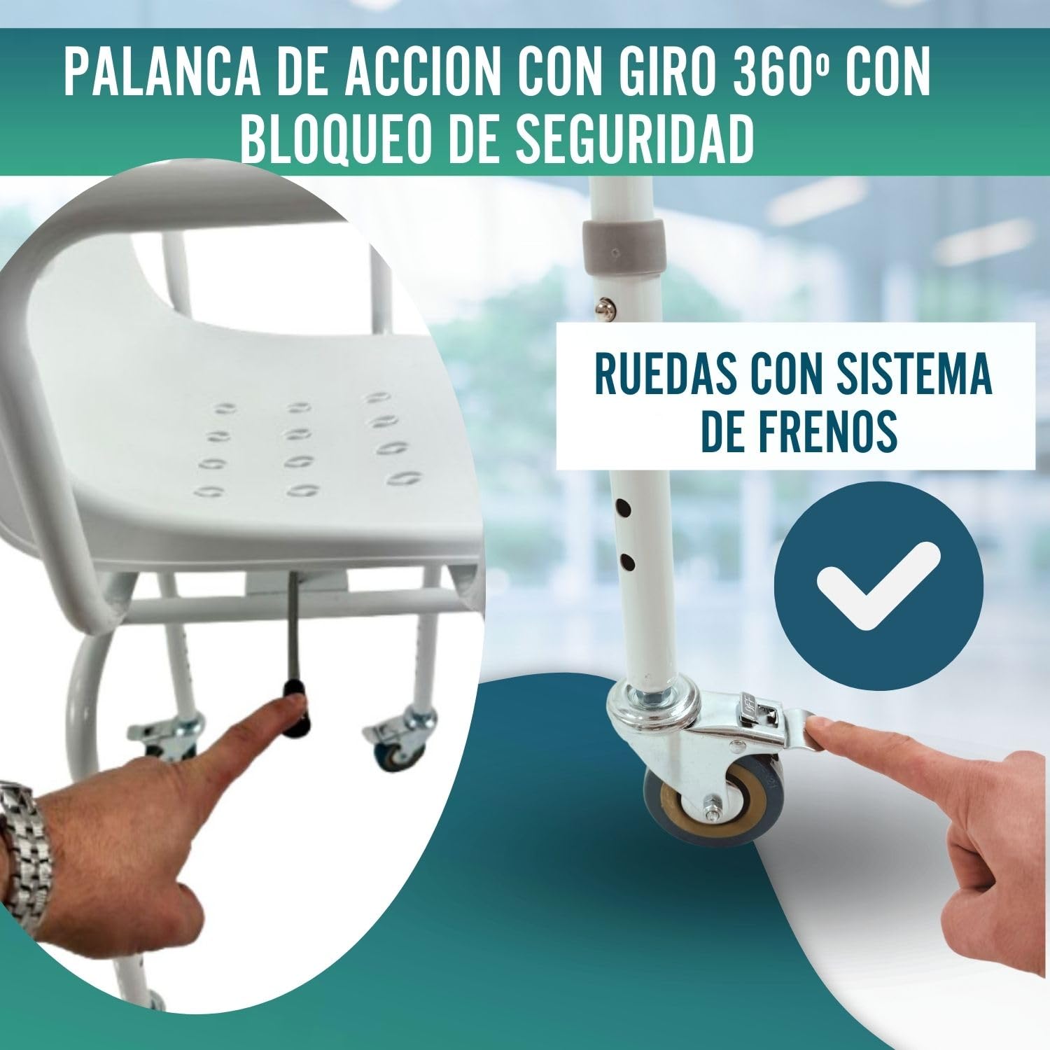 OrtoPrime Silla Ducha Personas Mayores Asiento Giratorio 360º Silla Ducha Mayores Silla Baño Ancianos Ducha - Silla Ducha con Ruedas y Frenos - Silla Ortopédica Silla de Ducha para Personas Mayores