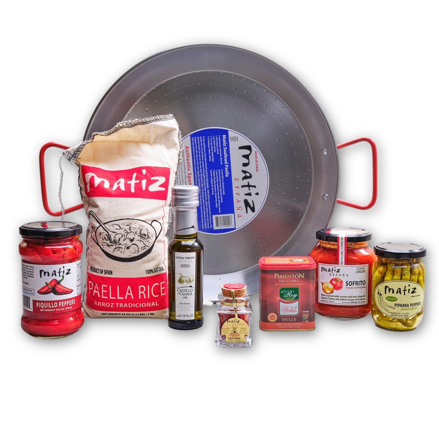 Matiz España Deluxe - Juego de regalo de cocina de paella, ingredientes españoles auténticos | Sartén tradicional, regalo de cocina gourmet y horneado para los amantes de la comida