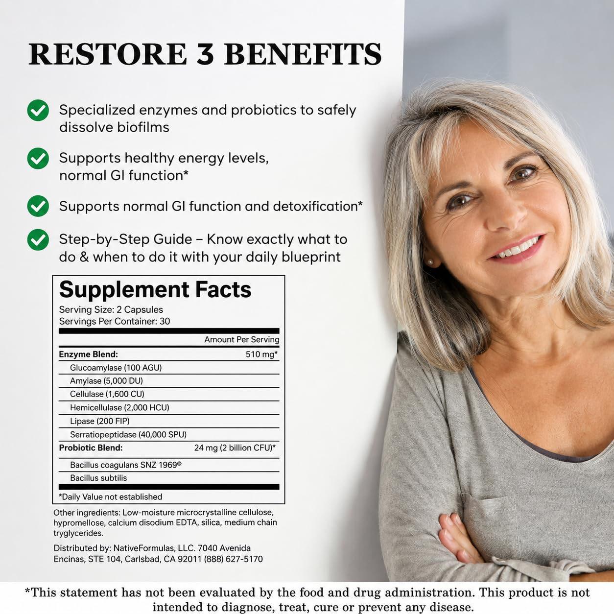 Native Formulas Restore 3 Proteolytic Enzyme & Spore Probiotic Blend Supplement - 60 Capsules - Advanced Biofilm Disruption Aid - Support GI Health, Fibromyalgia, Gut Flora, Muscle — Amazon image 2