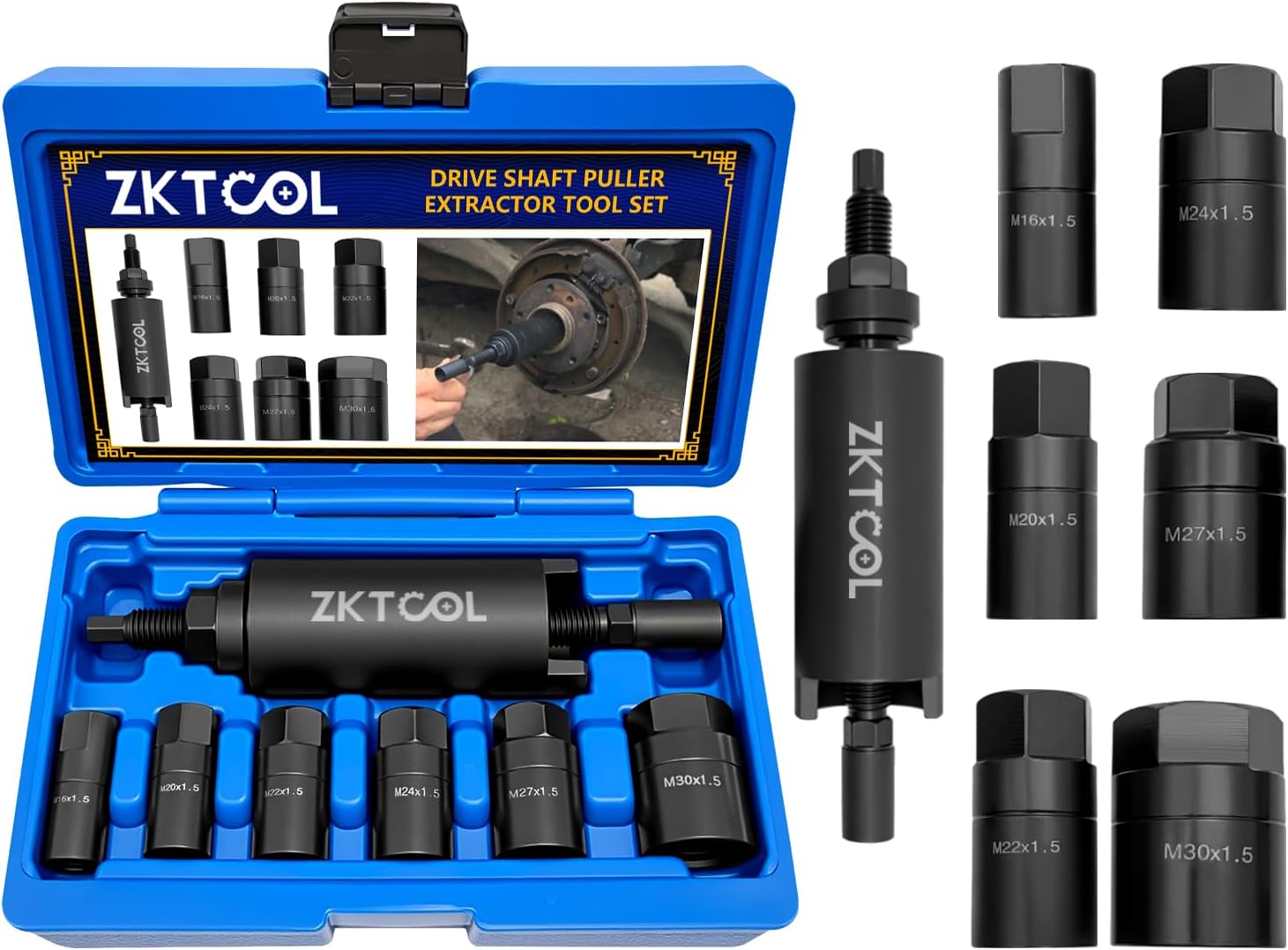 ZKTOOL Drive Shaft Puller Extractor Tool Set Compatible with BMW Porsche Subaru VW E32 X5, 7PCS Drive Shaft Pulling Removal Kit with 6 Adapters (M16, M20, M22, M24, M27, M30)