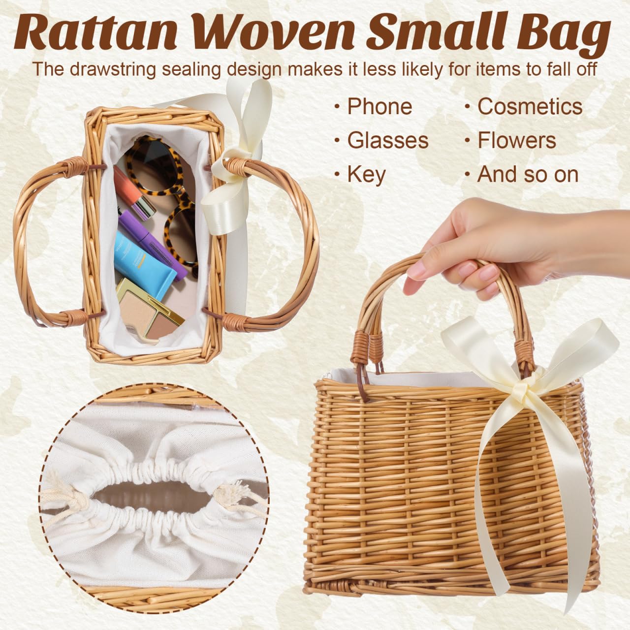 Gadpiparty Handgefertigte Kleine Rattan tragetasche mit Weißem Band Dekorativer Natürlicher Weidenkorb Leichter Blumenkorb für Hochzeitsgeschenk Vielseitiger Aufbewahrungskorb für Zuhause