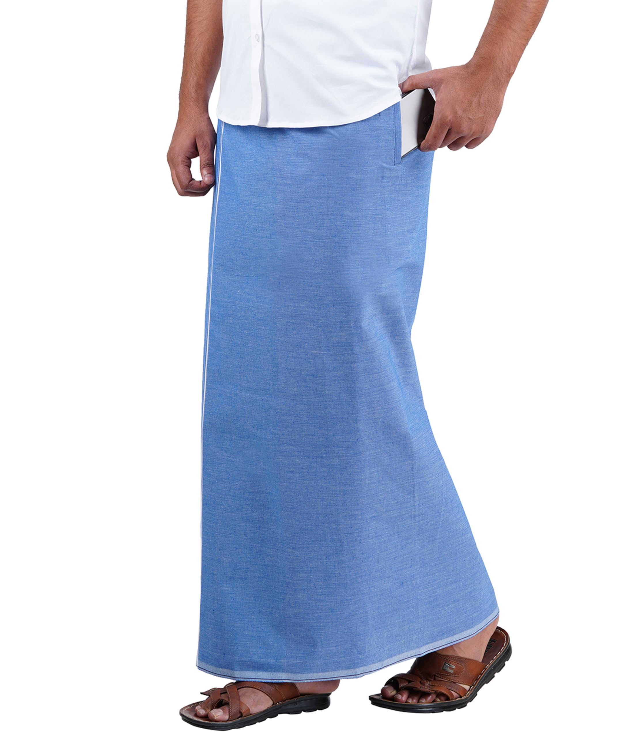 Prakasam Cotton Mens Premium Kfc Plain Welcro Pocket Dhoti (Kfc-Pln-Blue)