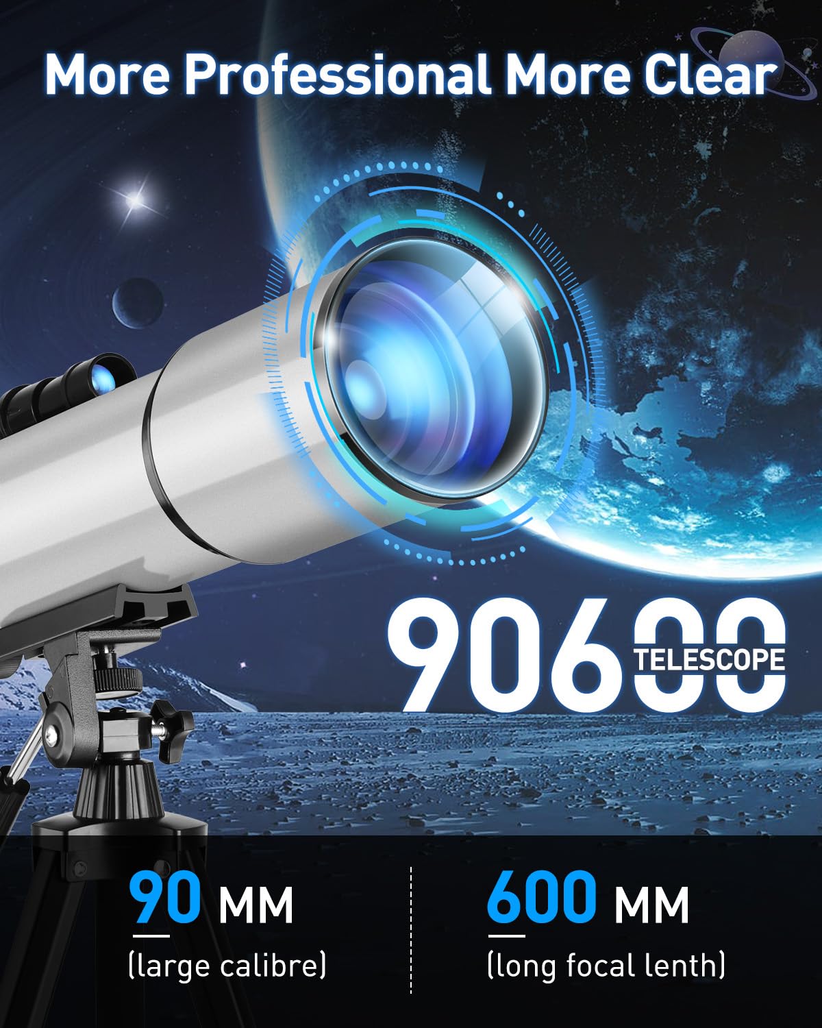 Teleskop Astronomie 90/600mm Refraktor mit Alu-Stativ – 2 Okularen (10mm & 25mm) Télescope 90 mm Ouverture 600 mm Télescopeset pour Enfants Télescope d'astronomie pour débutants pour Adultes