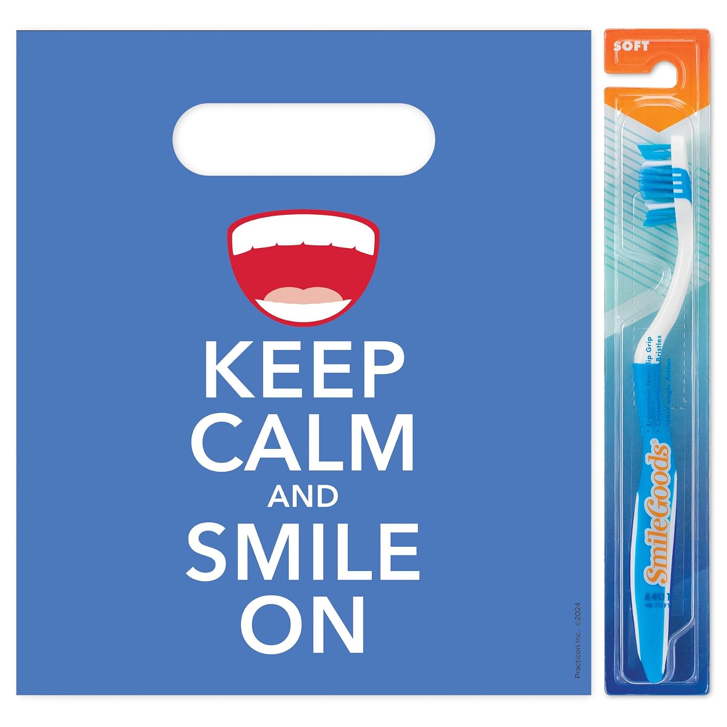 Practicon Keep Calm And Smile On 7-3/4" x 9" Dental Giveaway Bag, Dental Hygiene Patient Care Goodie Bag, Dentist Office Plastic Gift Bags, 100 Pack
