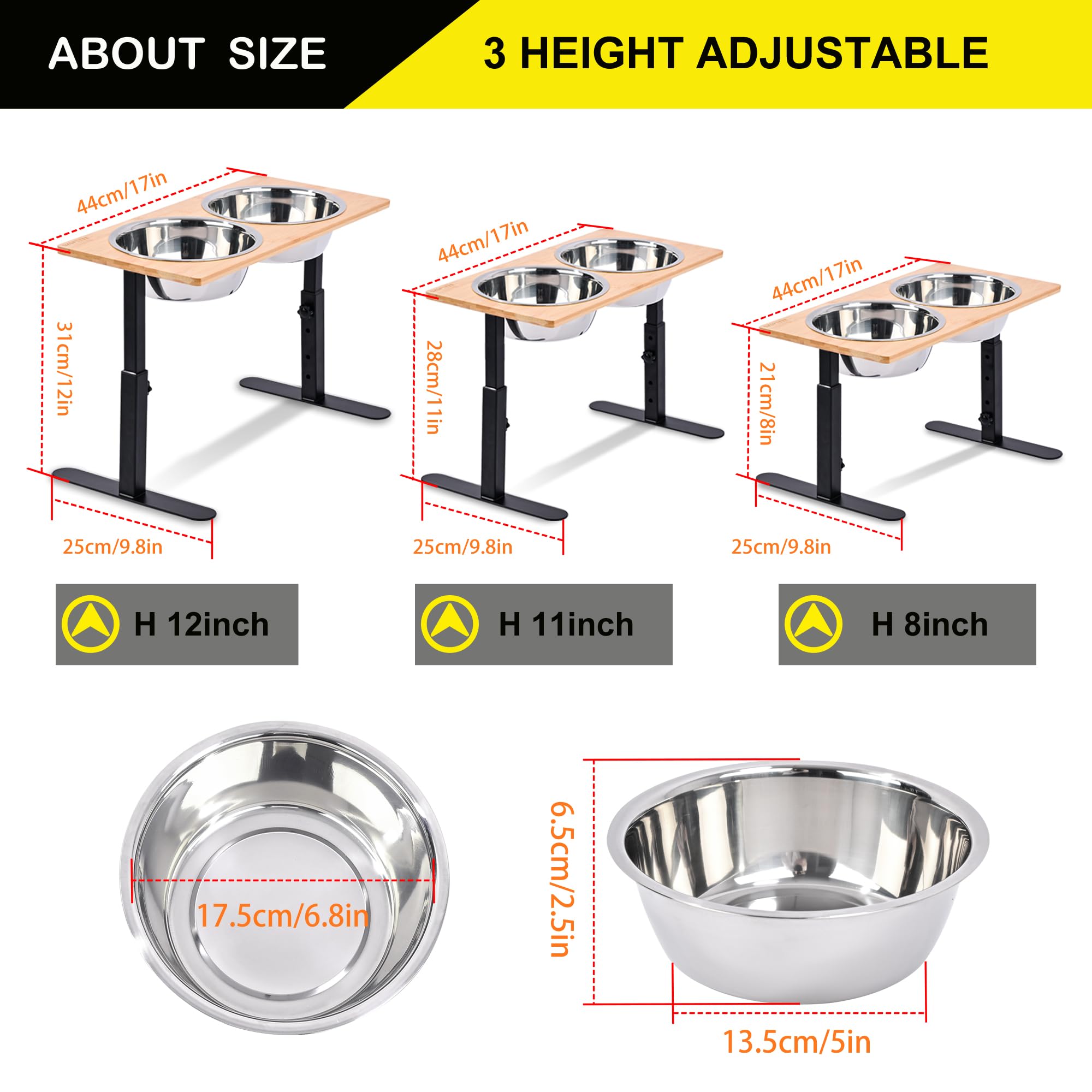 Tazones elevados para Perros, Gatos y Perros con 2 Cuencos de Acero Inoxidable, 3 Alturas Ajustables, Juego de comedero de Agua de bambú sólido para Mascotas