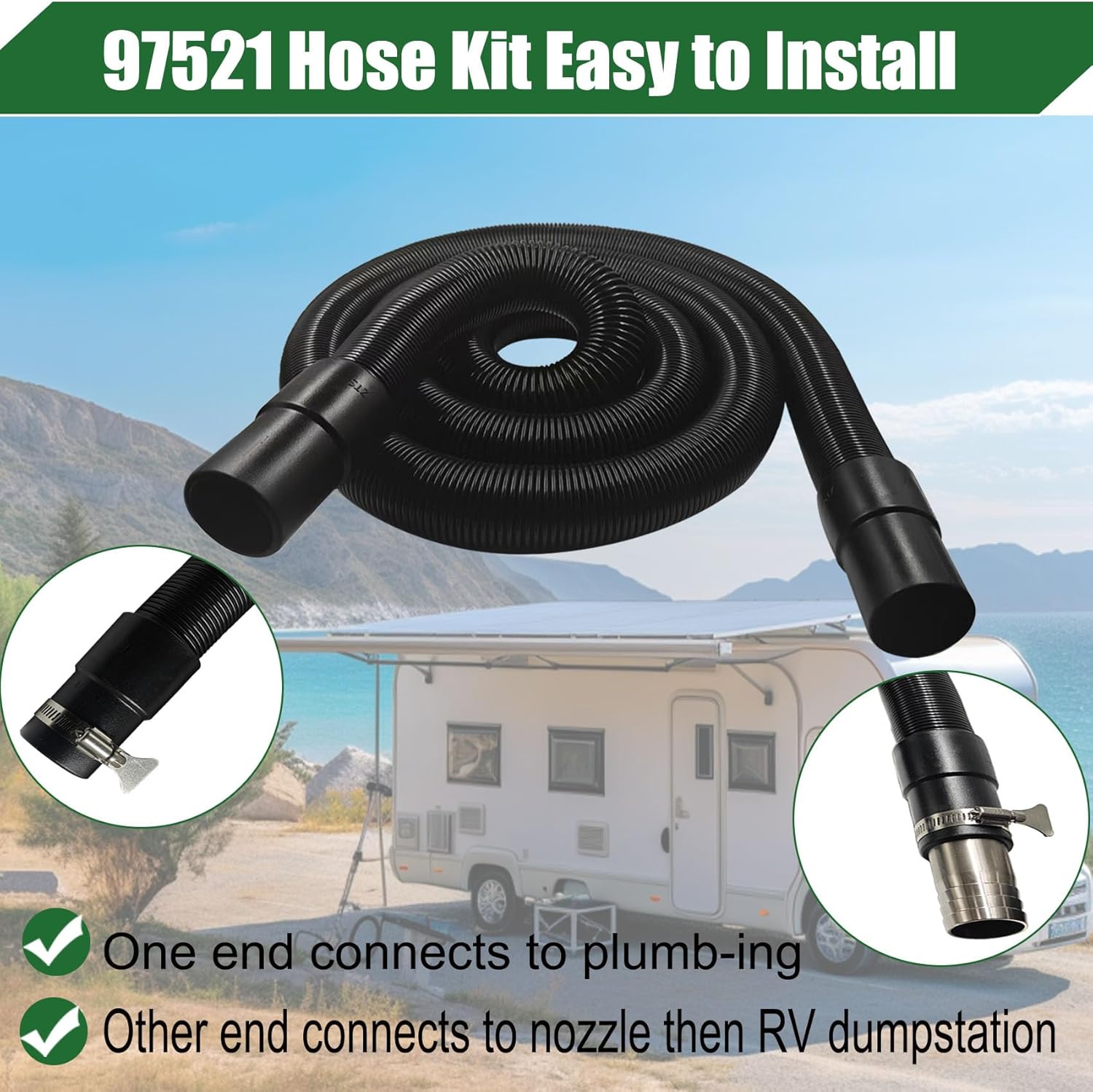 97521 RV Macerator Hose Sewer Kit for Thetford Sani-Con Turbo 400S 500S 600S 700S,1-1/2inch 22FT Camper Sewage Pump Hose/Waste Water Hose with Connect Fitting,4 tightening hoops, Black