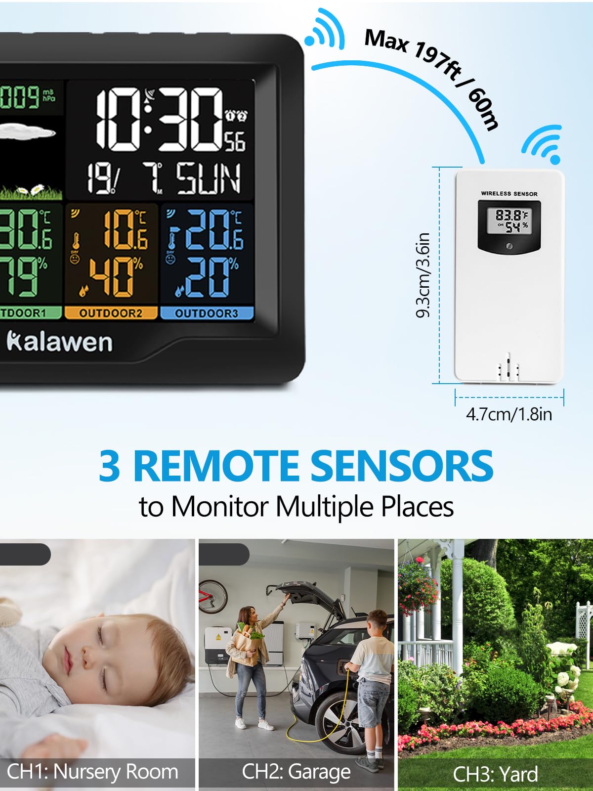 Wetterstation mit 3 Außensensoren Innen und Außen Multifunktionale Funkwetterstation Farbdisplay Digital mit Thermometer Hygrometer DCF-Funkuhr Weather Station für Zuhause Büro Hausgarten