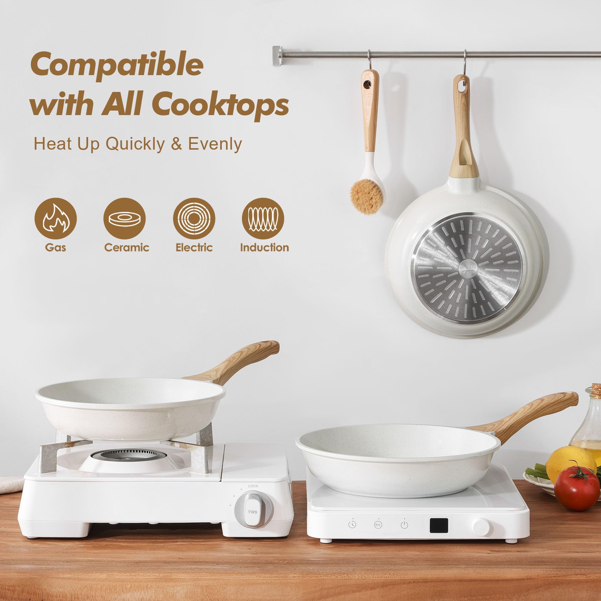 SENSARTE Padella antiaderente con rivestimento in ceramica bianca, padelle per omelette, pentole sane da chef, senza PTFE e PFAS (20 + 25 cm)