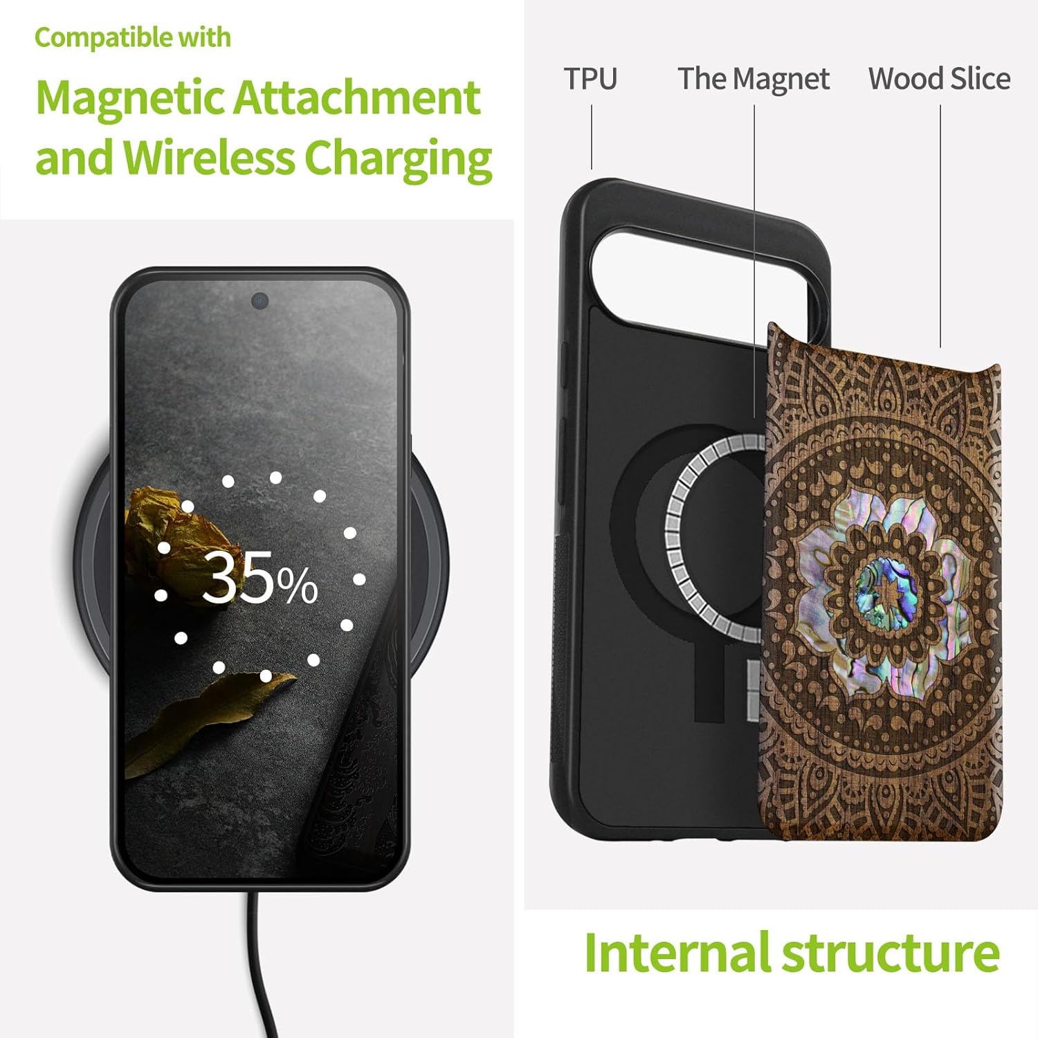 Carveit Magnetic Wooden Case for Google Pixel 9 Case, Wood Artisan Engraved & Handmade Shell Inlaid, Compatible with MagSafe Wireless Chargers, Mandala Pattern - Walnut