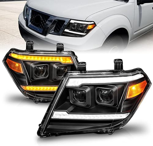AmeriLite Juego de faros delanteros para Nissan Frontier Pickup Truck LED DRL Tube Switchback Sequential Signal Black Projector - lado del pasajero