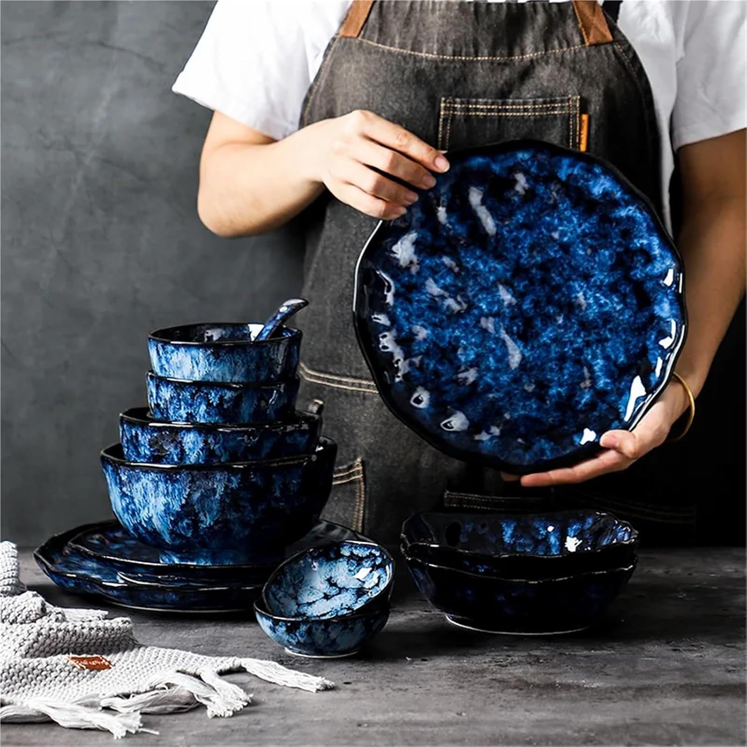 Ceramic Dinnerware Set, Blue Japanese Retro Kiln-Change Plates & Bowls for Dining(10.2 inch)