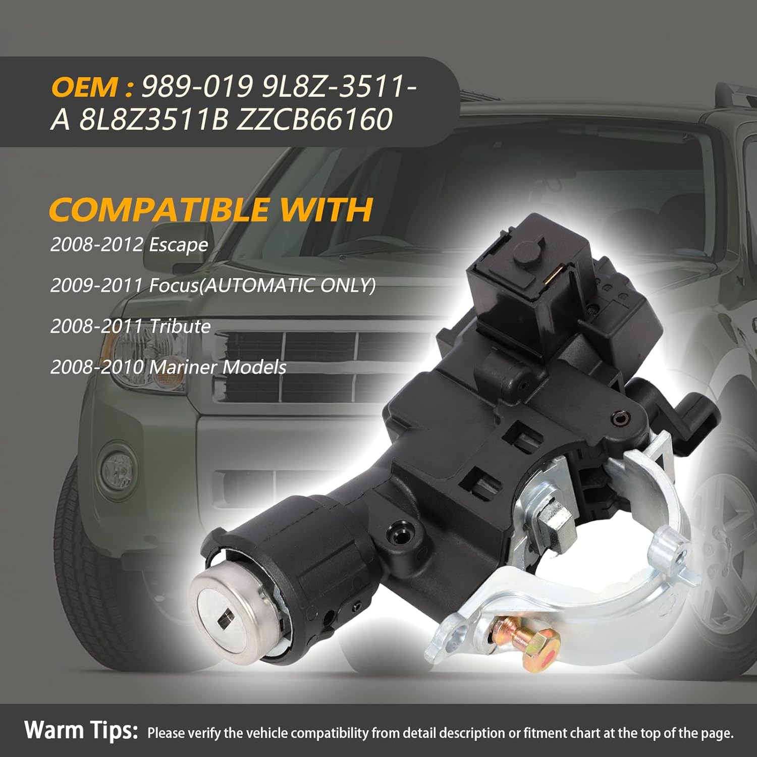 989-019 Ignition Switch Lock Cylinder Assembly Fits 2008-2012 Escape, 2009-2011 Focus,2008-2011 Tribute,2008-2010 Mariner Ignition,2 Chip Keys with Shear Bolt Replaces 9L8Z-3511-A 8L8Z3511B ZZCB66160
