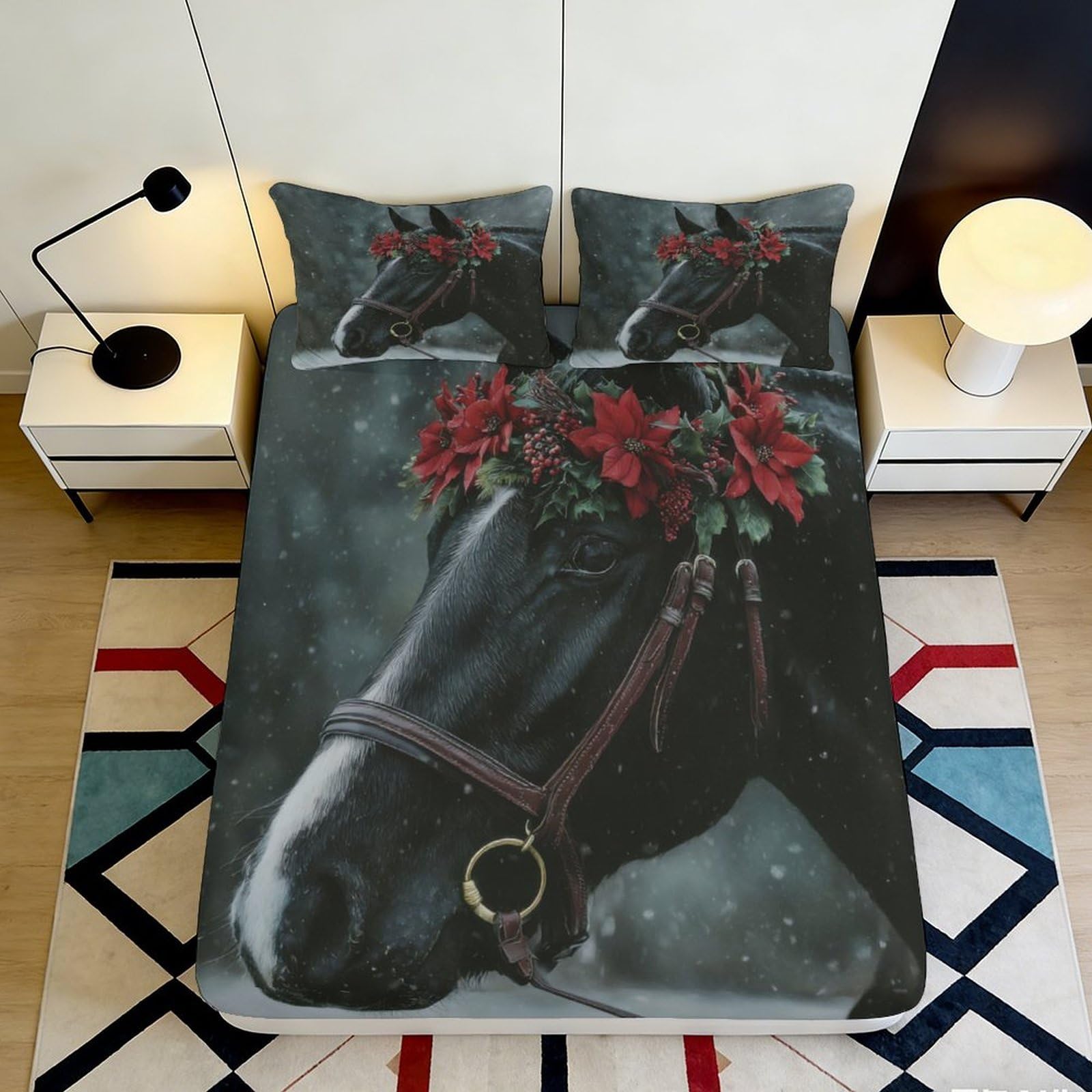 3D Printed Black Horse Fitted Sheet Microfiber Deep Pocket Elastic Hem Black Horse Mattress Fitted Cover Bedroom Bedding 140x200x25cm