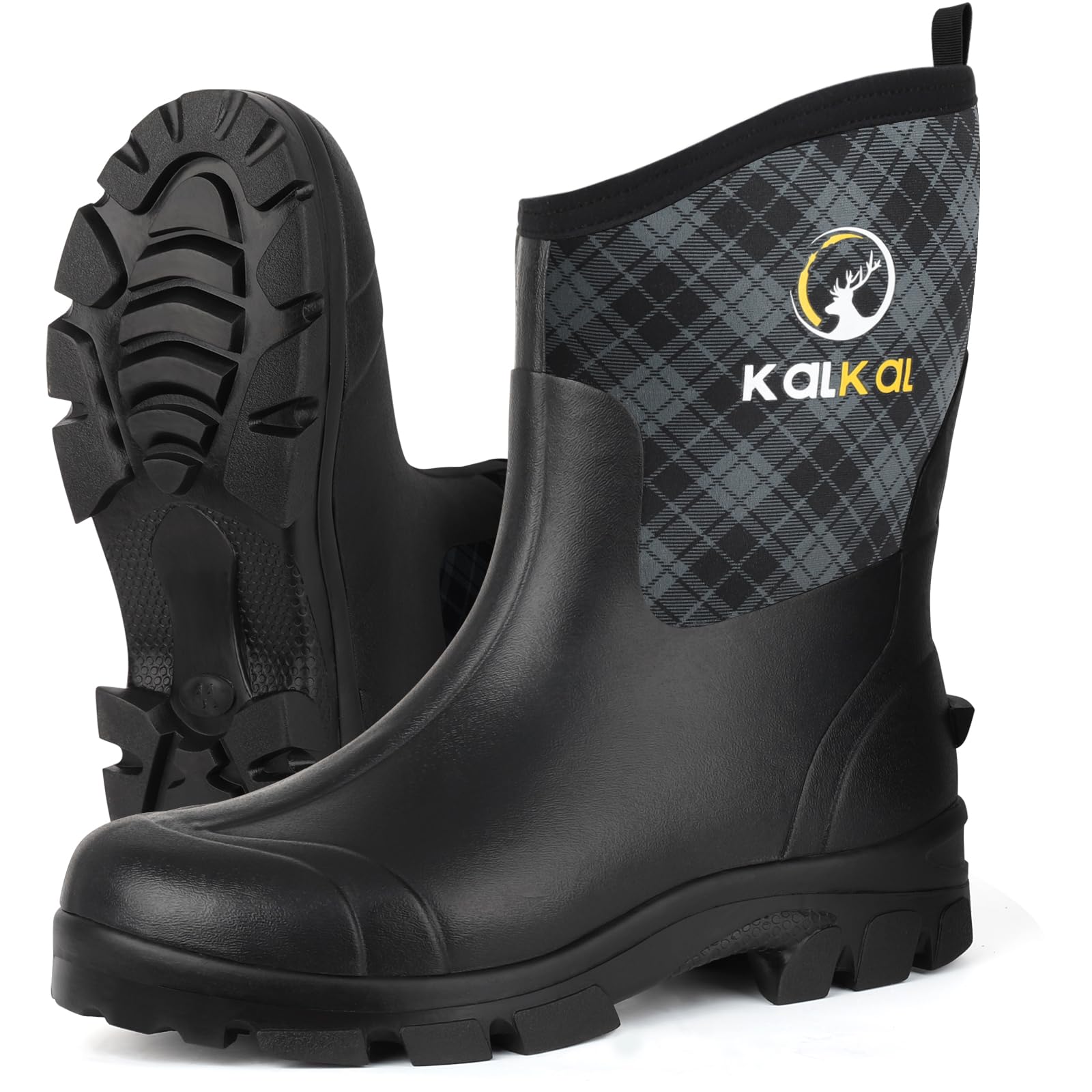 Kalkal Rubber Boots for Men, 6mm Neoprene Insulated Rain Boots with Steel Shank, Waterproof Mid Calf Rubber Work Boots For Mud Gardening Farming Fishing Hunting Working, Size 7-14