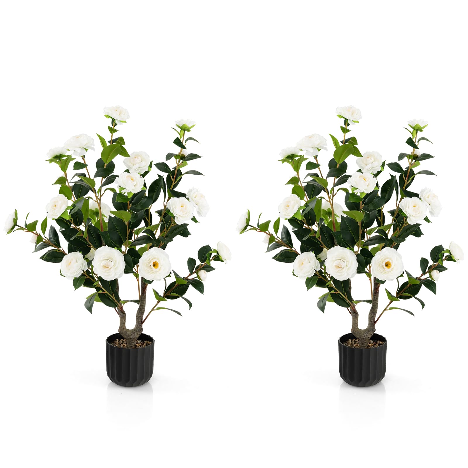 Goplus38’’ Artificial Camellia Tree, 2 Pack Flower Plants Artificial Tree, Faux Floral Plant Blooming Tree in Cement Pot, Greenery Potted Plant for Indoor Outdoor Office Home Porch Decor